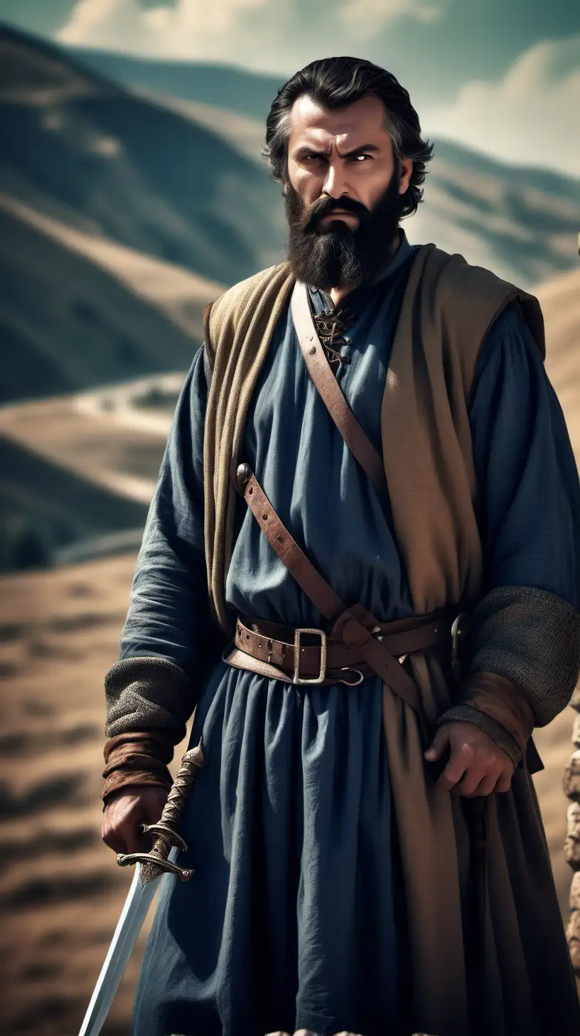 create a scene of Set against the soft landscapes of medieval Anatolia, historian people stands tall with beard rugged face, embodying the essence of a formidable commander. His eyes, sharp and focused with long sword, scan the horizon with unwavering determination