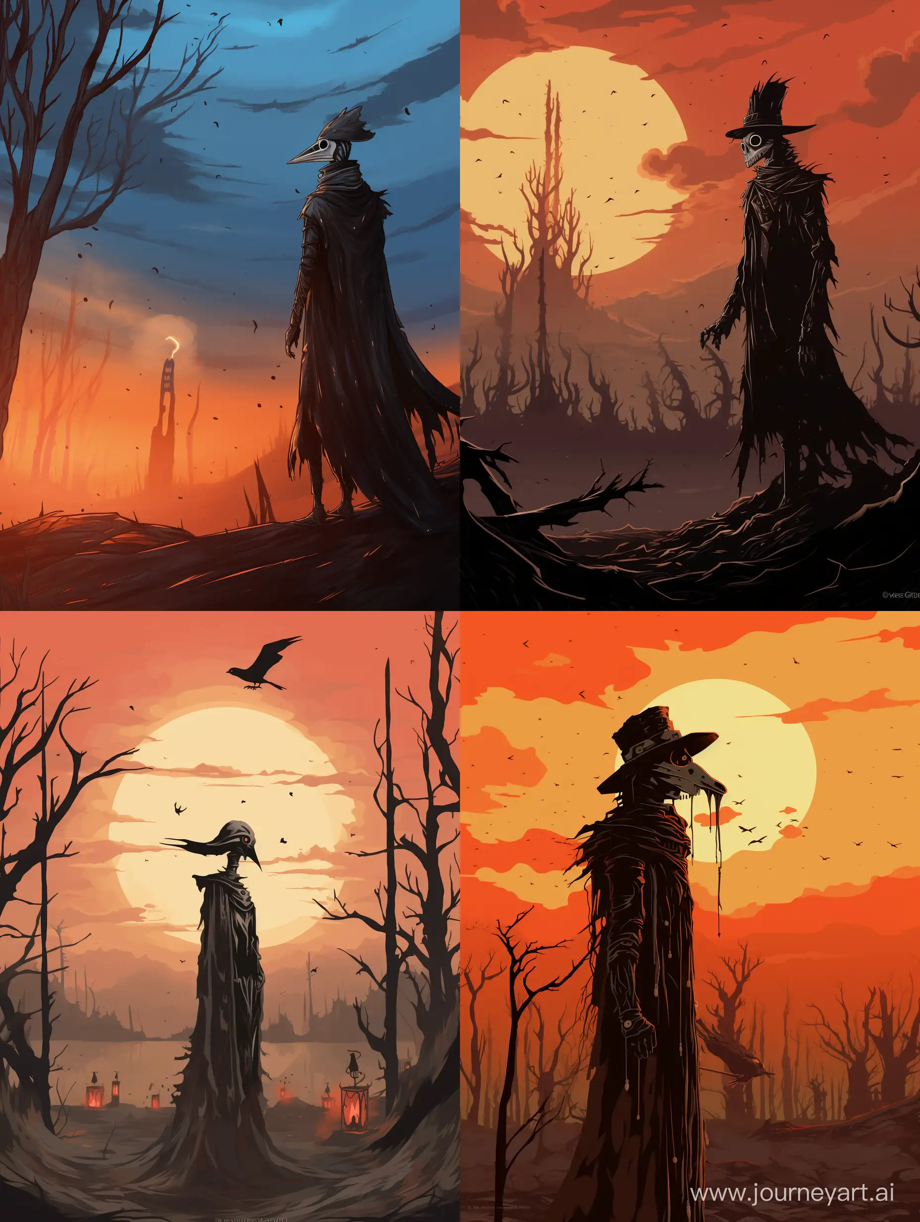 Gothic-Plague-Doctor-Amidst-Scorched-Forest-Under-Clear-Sky