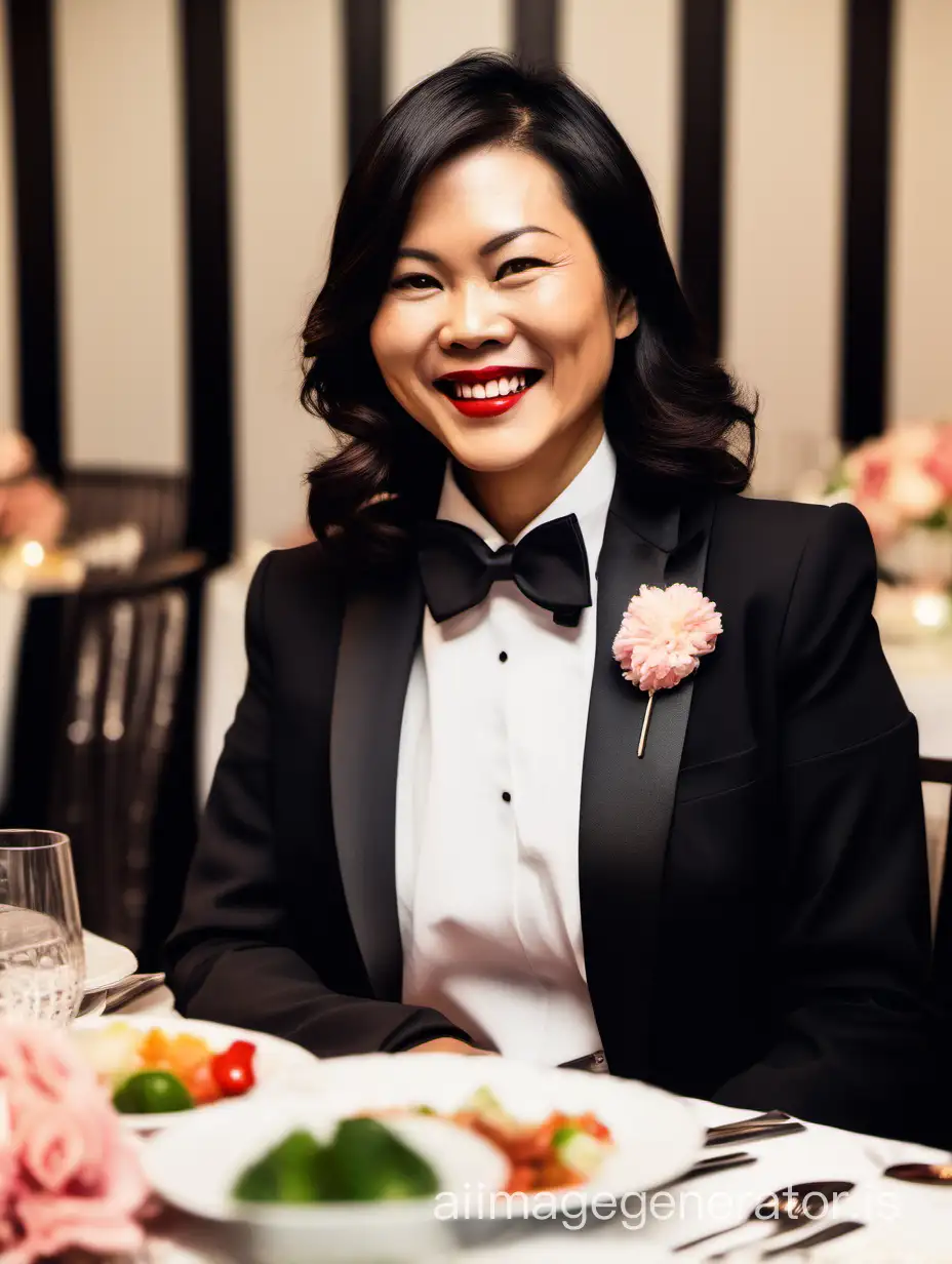 40 year old smiling vietnamese woman with shoulder length hair and lipstick wearing a tuxedo with a black bow tie. She is at a dinner table.