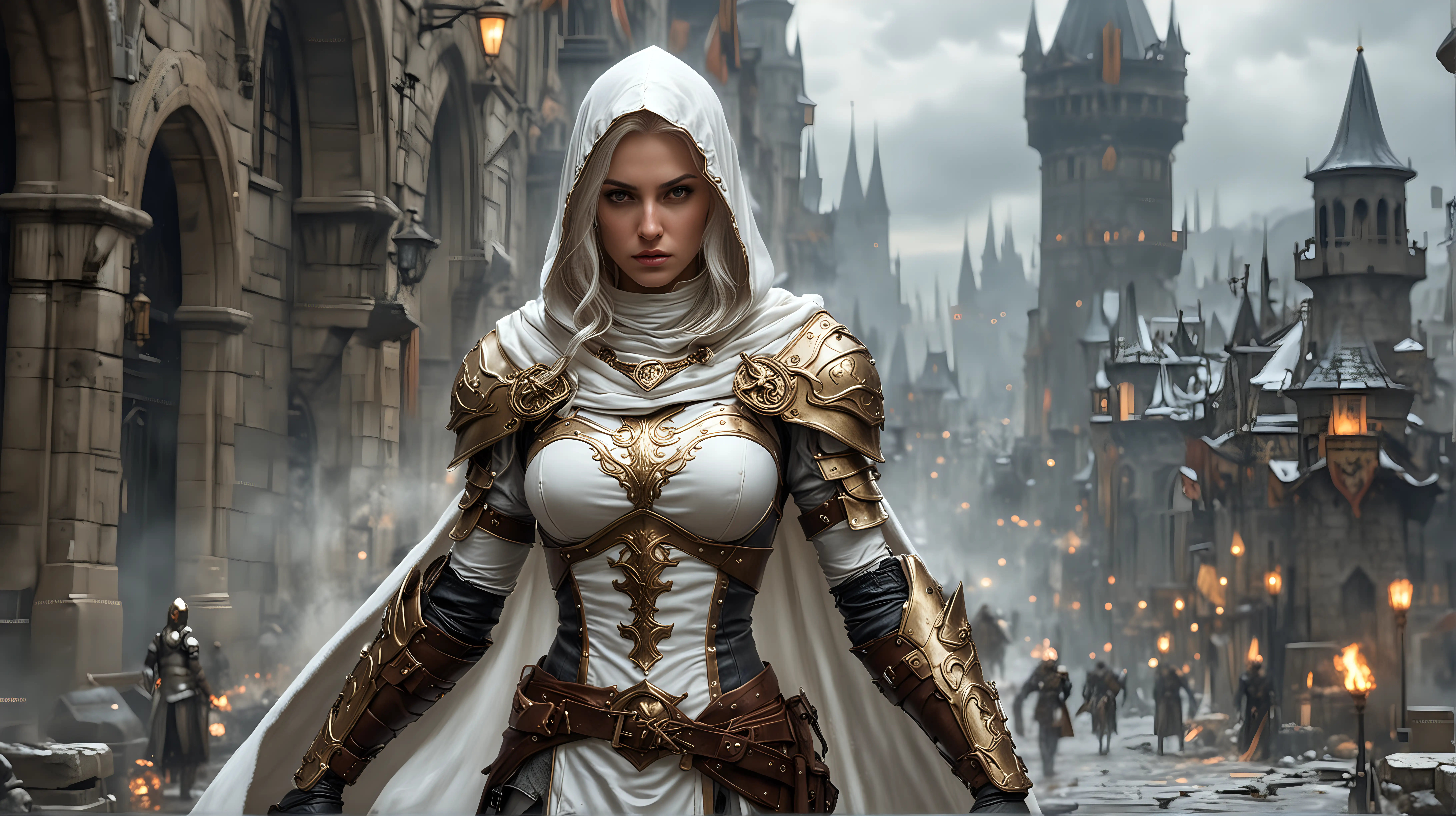 inquisitor , knight, woman, epic fantasy, white hood, cloak, large shield, knight mask, white, banner from shoulder, gold armour trim, angry look, weapons drawn. city back drop