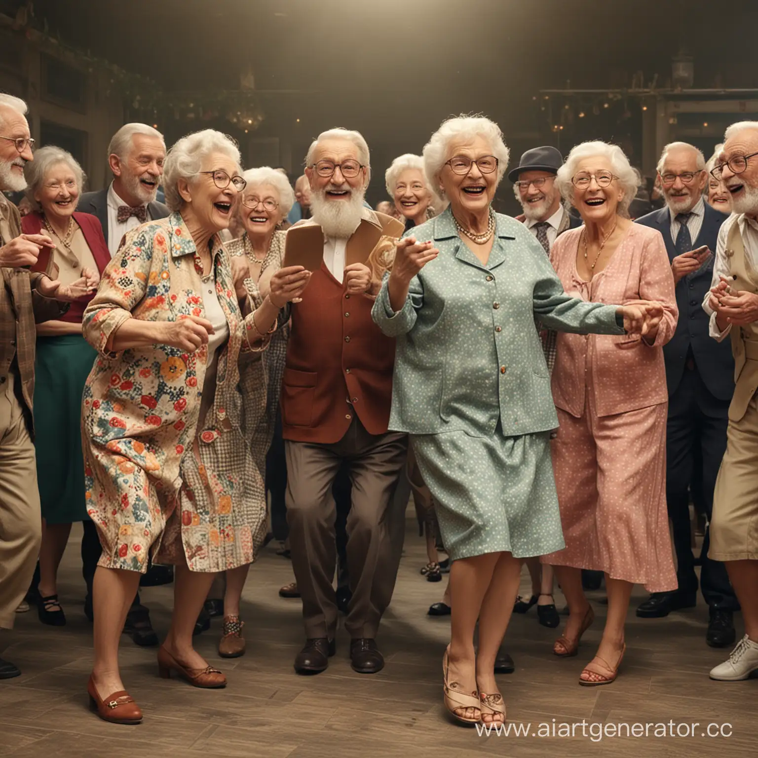 много стариков и старушек танцуют, читают, играют, смешные, веселые красивые разнообразные, эффектные, тусовка, вечеринка, модники, модно, фантазийно, мило, добро, Ultra HD, четкость, микродетализация текстур

