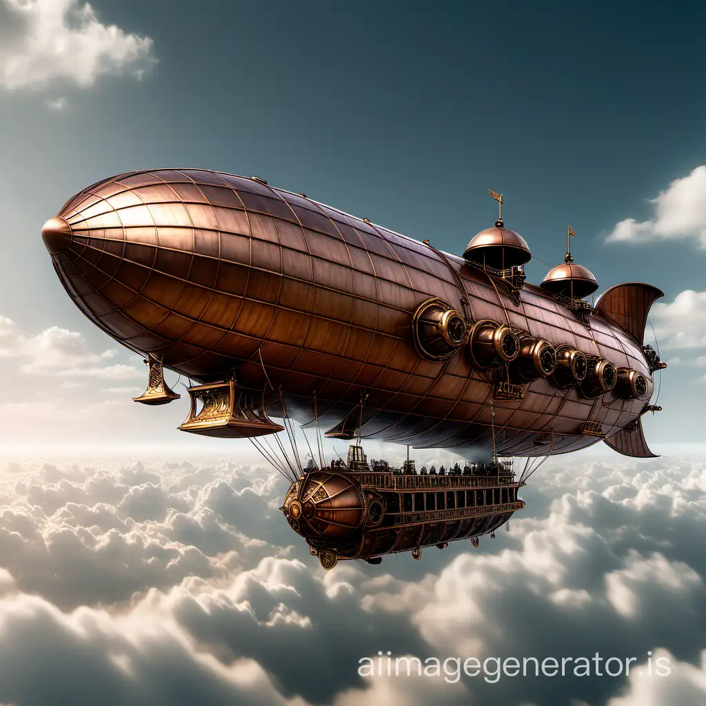 a bronze-colored airship with steam engines in the sky