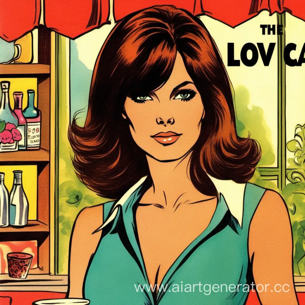 1970's romance mystery style book cover featuring attractive confident brunette, Book is called "The Love Cafe"