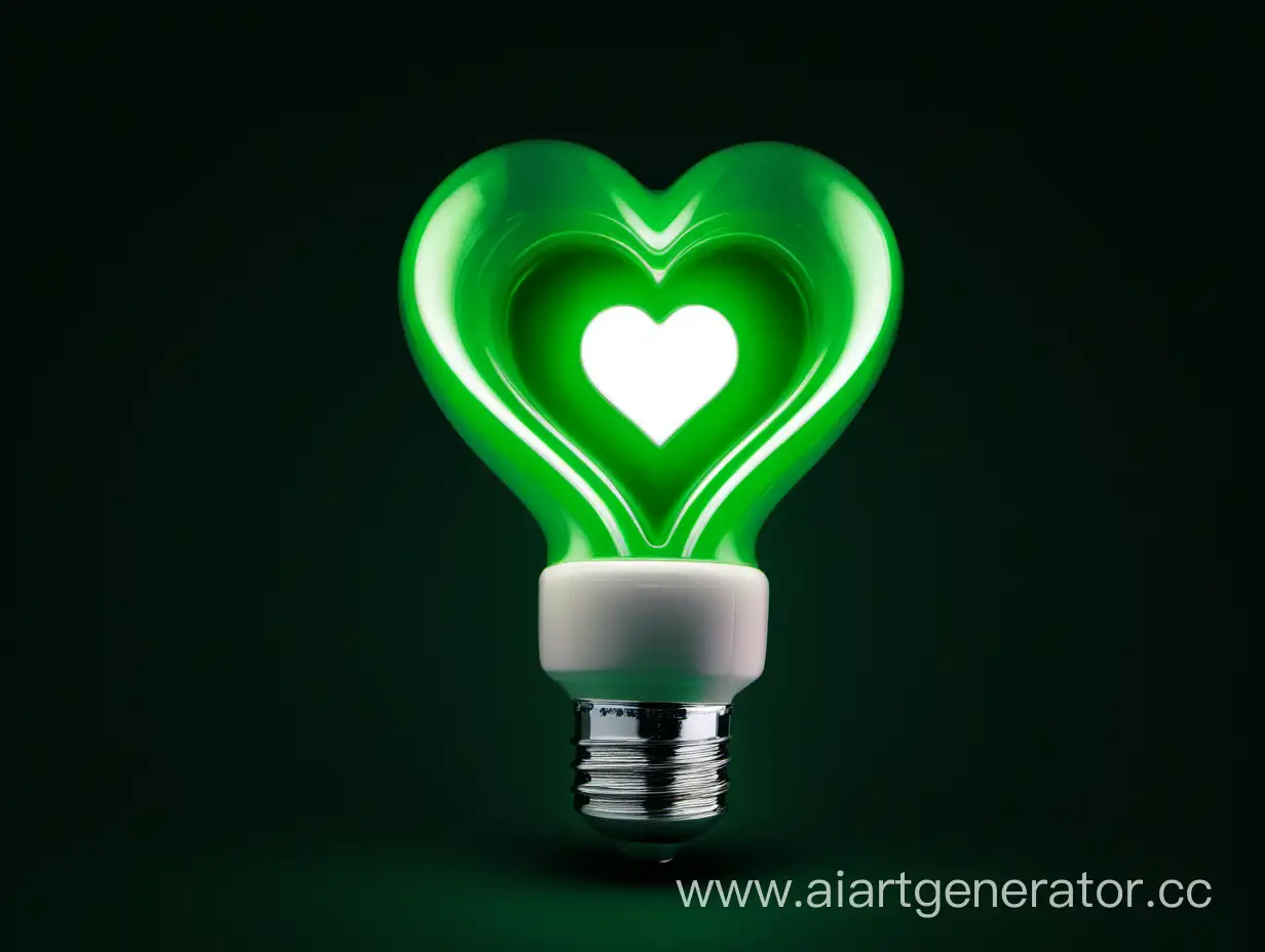 The energy-saving lamp in the shape of a heart shines with green light