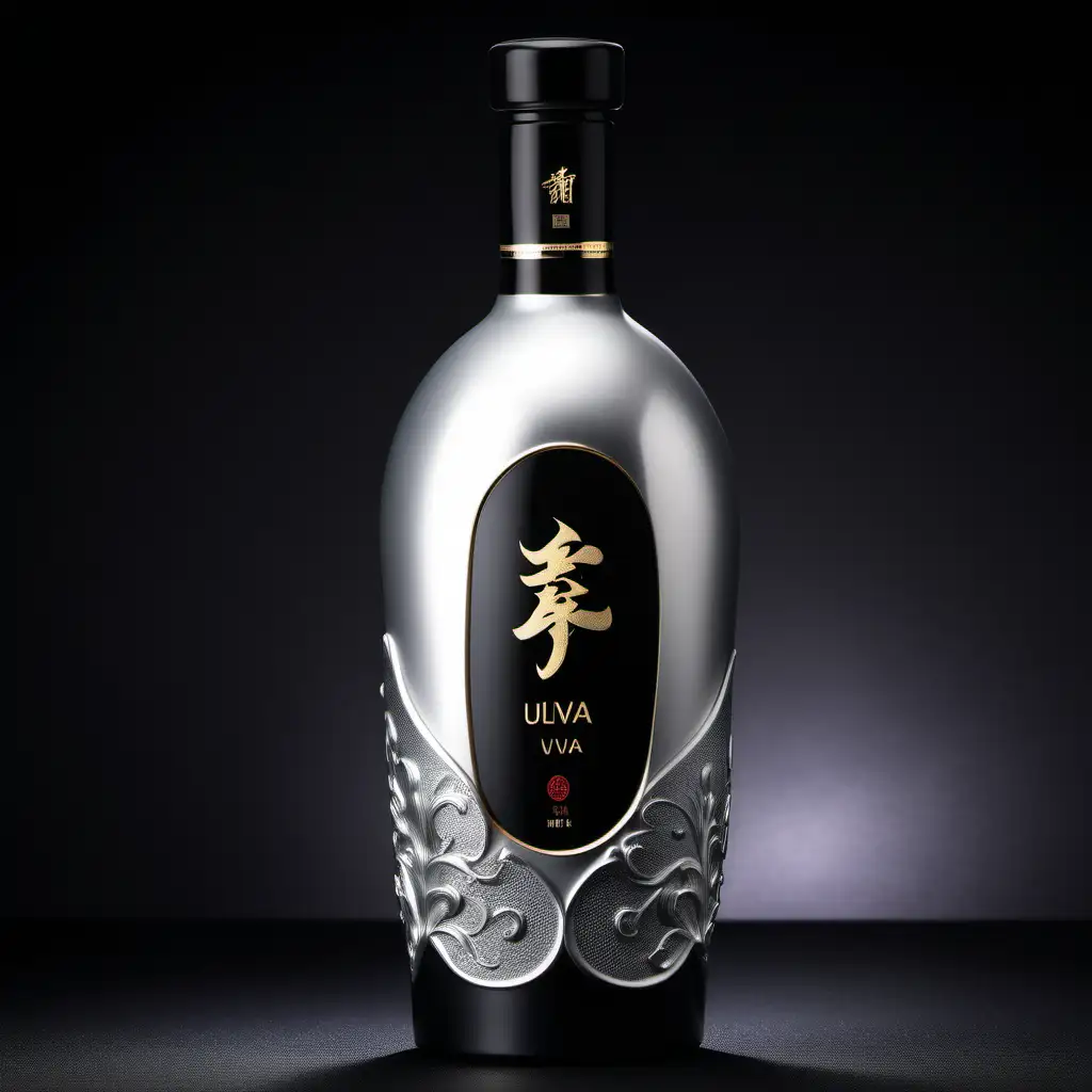 台湾白酒的酒瓶包装设计，高端酒，酒瓶造型非主流风格，500ml酒瓶长宽比例5:3，表面不透明陶瓷哑光质感，酒品牌名字为玖莼，精密的产品照片图像，高细节，银黑金，酒瓶风格是东方的喜庆典雅高贵的风格