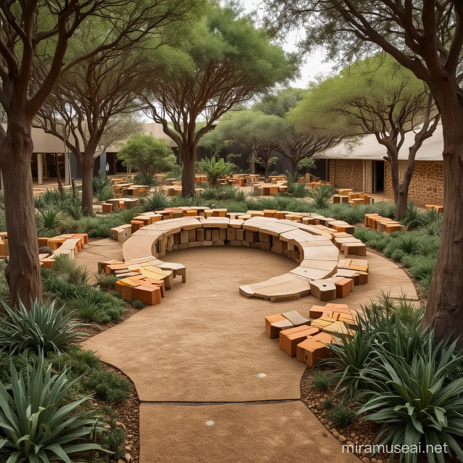 storytelling in exterior landscape architecture using symbols and colors of southern africa culture represent the culture and the stories sequence moving from space to space separated from eachother having sunken seatings