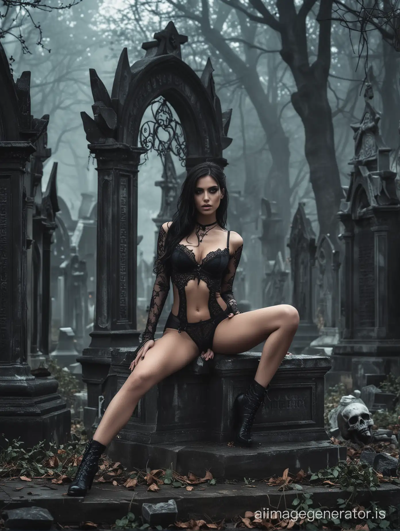 dark gothic girl in lingerie with nice body proportion, sitting on her knee with a sexy temptation look on her face, she is beautiful and looks like a Victoria's Secret model, standing in a graveyard filled with demons behind her