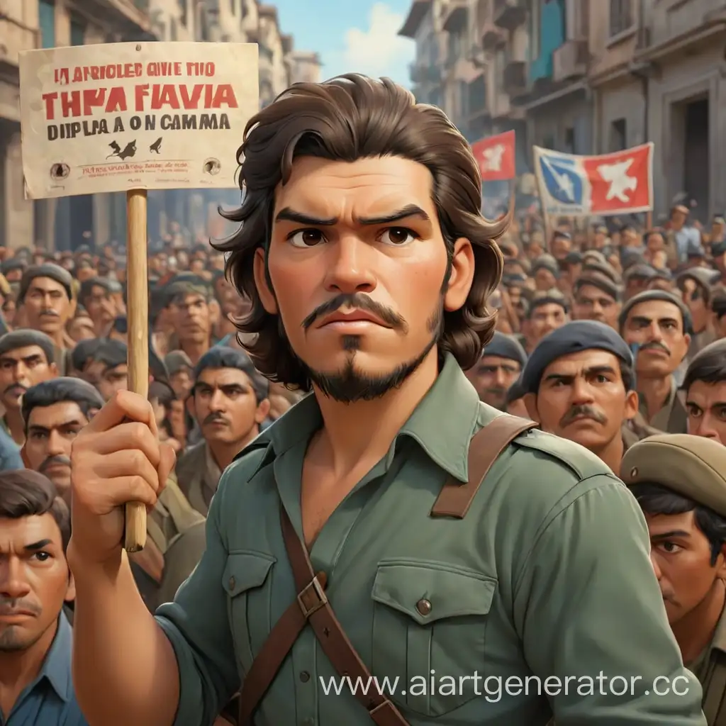 Cartoonish-Che-Guevara-Holding-Protest-Poster-in-Crowded-Gathering