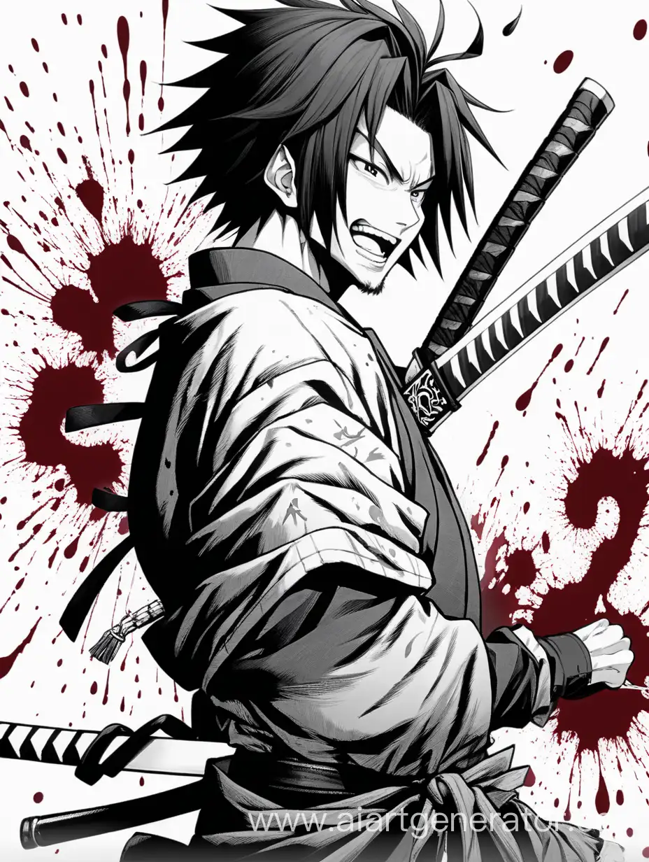 Yuta Okkotsu with a Manic smile, katana behind his back, Black and white background, blood on his hands