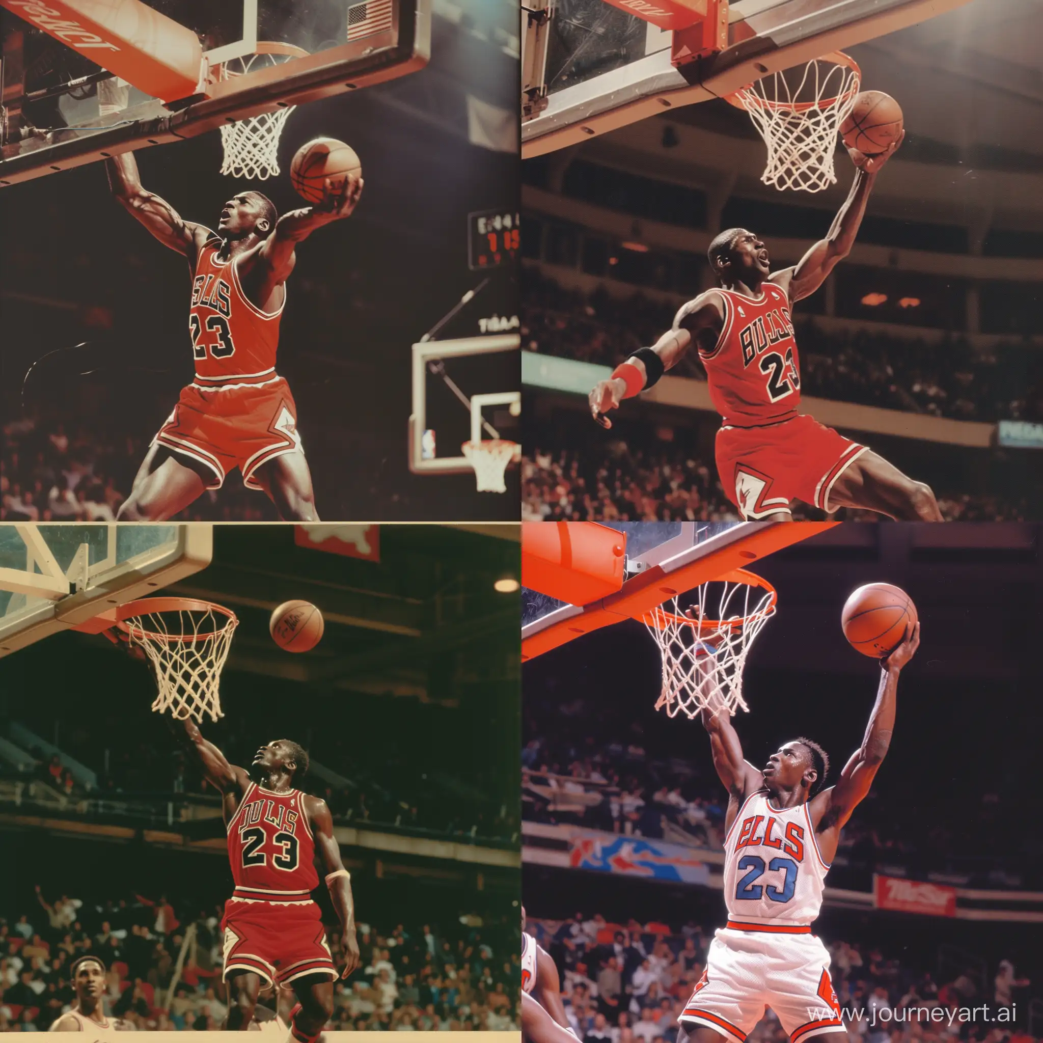 A 1980s photograph of Micheal Jordan dunking