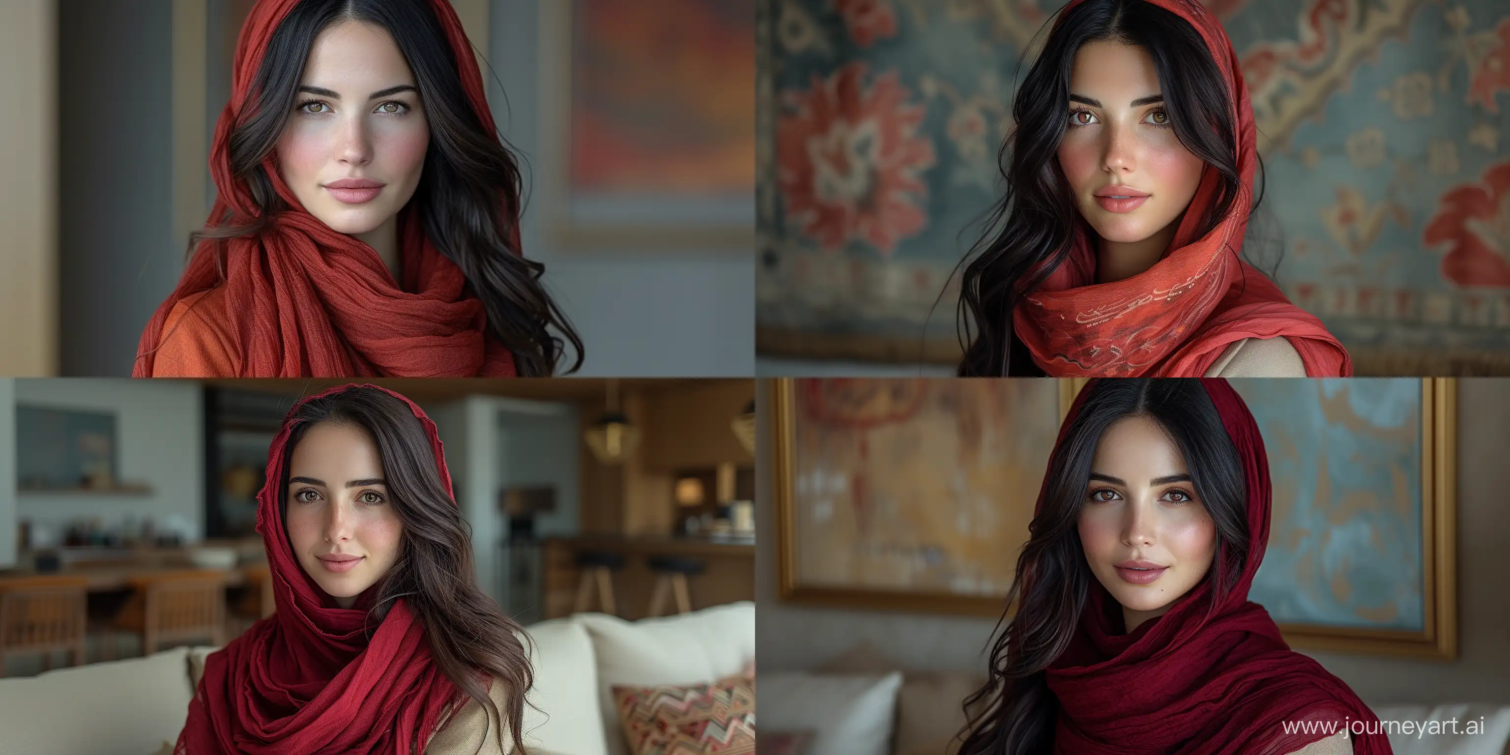 a realistic photo of a [iranian 33 year old woman], with [long, wavy, dark hair], looks like [Dakota Johnson] and [Felicity Jones],with hijab,red scarf, light makeup, looking [innocent, cute, flushed], [light] skin, Living Room, Modern Interior --ar 4:2 --stylize 750 --v 6