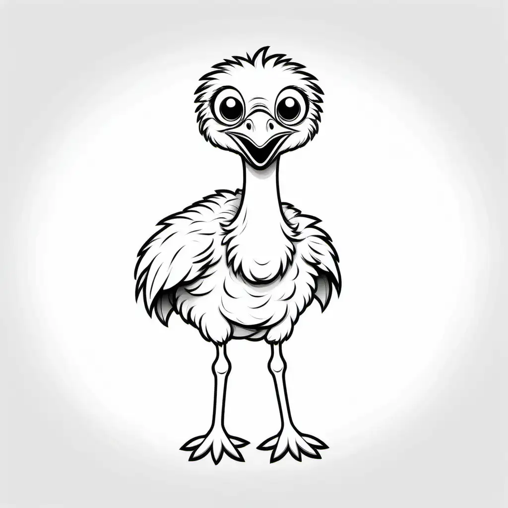 simple cute small  ostrich coloring page
line art
black and white
white background
no shadow or highlights