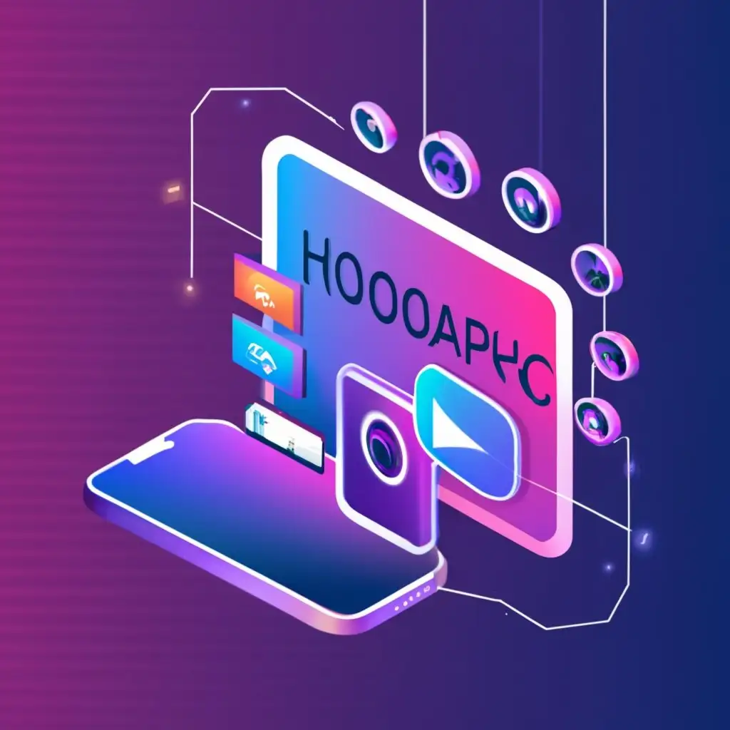 logo, Screen, with the text "holographic screen with phones, videos, laptops", typography, be used in Technology industry
