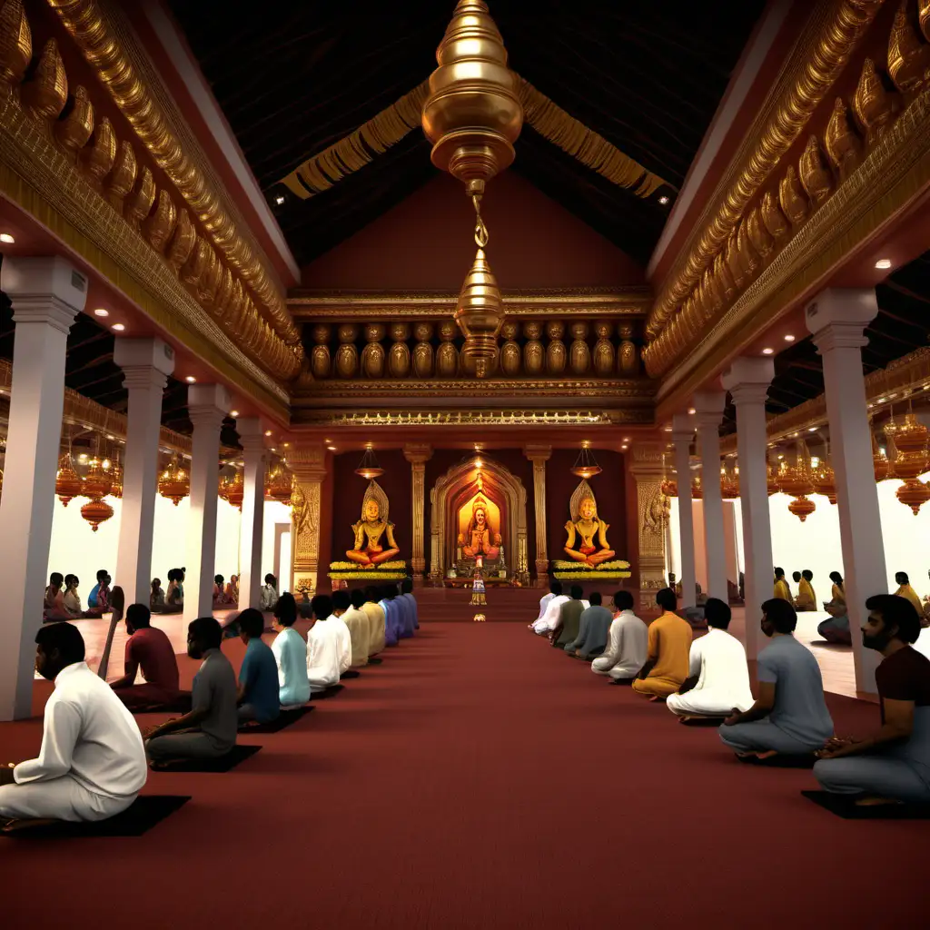/imagine prompt: Realistic, personality: [A medium shot of the prayer hall inside the south indian temple. Devotees are seen praying with fervor, their eyes closed and palms pressed together in supplication. The shot captures the peaceful ambiance of the prayer hall] unreal engine, hyper real --q 2 --v 5.2 --ar 16:9

