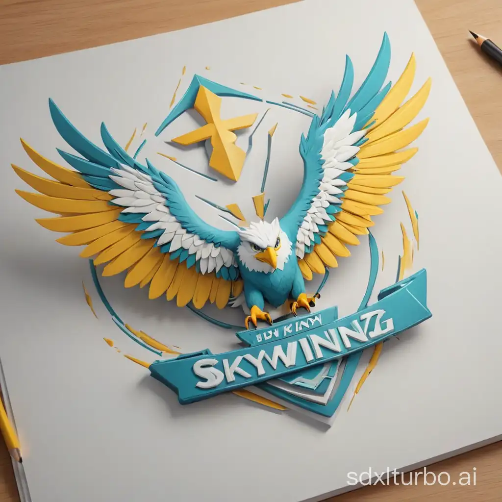 Draw a 3D logo for a company called SkyWingz in yellow, white, and cyan colors