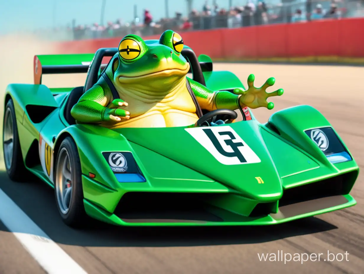 a big frog driving a green Ferrari racecar