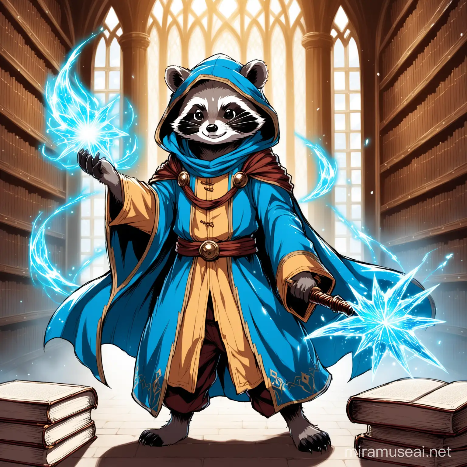 Anthropomorphic Raccoon mage, he has a defiant expression, he wears battle robes like Natsu from Fairy tail, he does not cover his head and does not wear a hood, his clothes are black and dark blue, standing on a book in a grand library, he is charging a ice spell.
