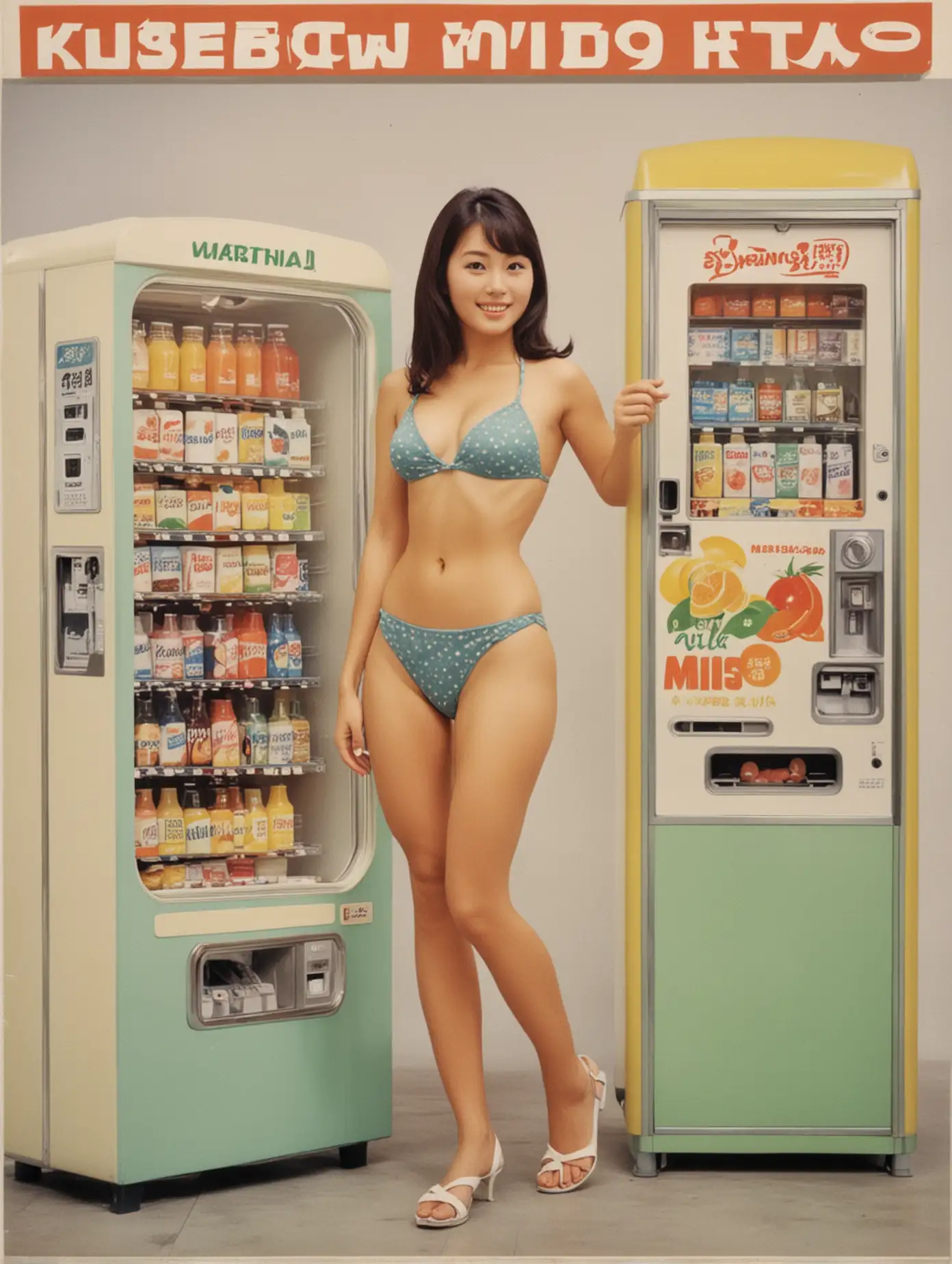 1960s japanese advert with a young woman in a bikini, she is standing in front of a fruits-milk vending machine, advert with text titles and company logos, patina slightly worn