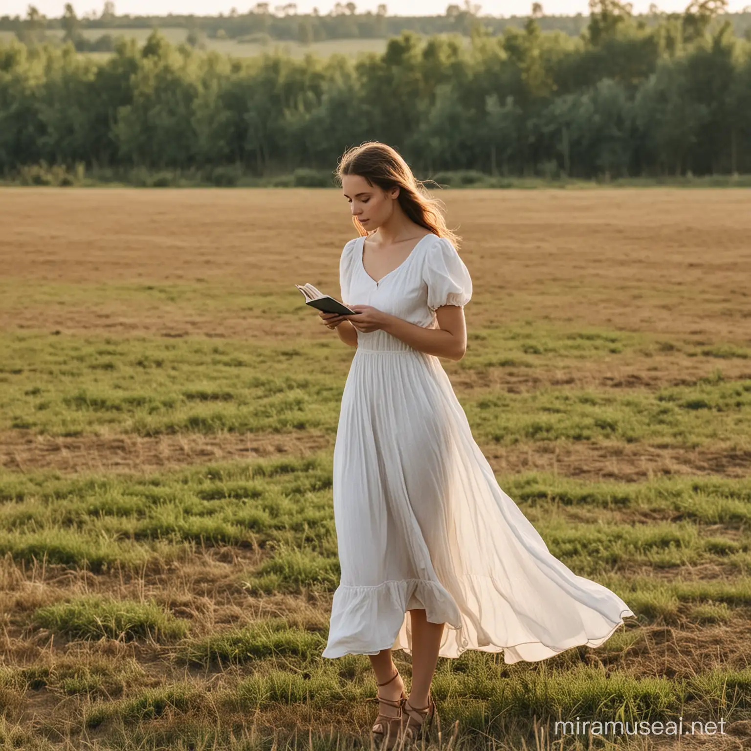 девушка в простом легком платье, работающая на поле