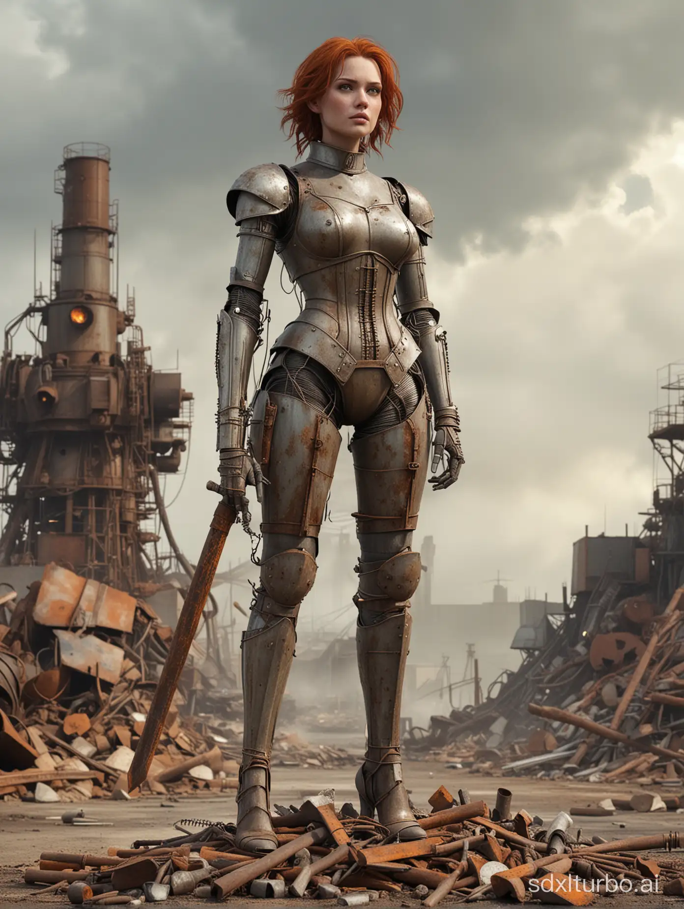 Rusty-Tin-Woman-Stands-Defiant-with-Rust-Sword-in-Desolate-Scrapyard