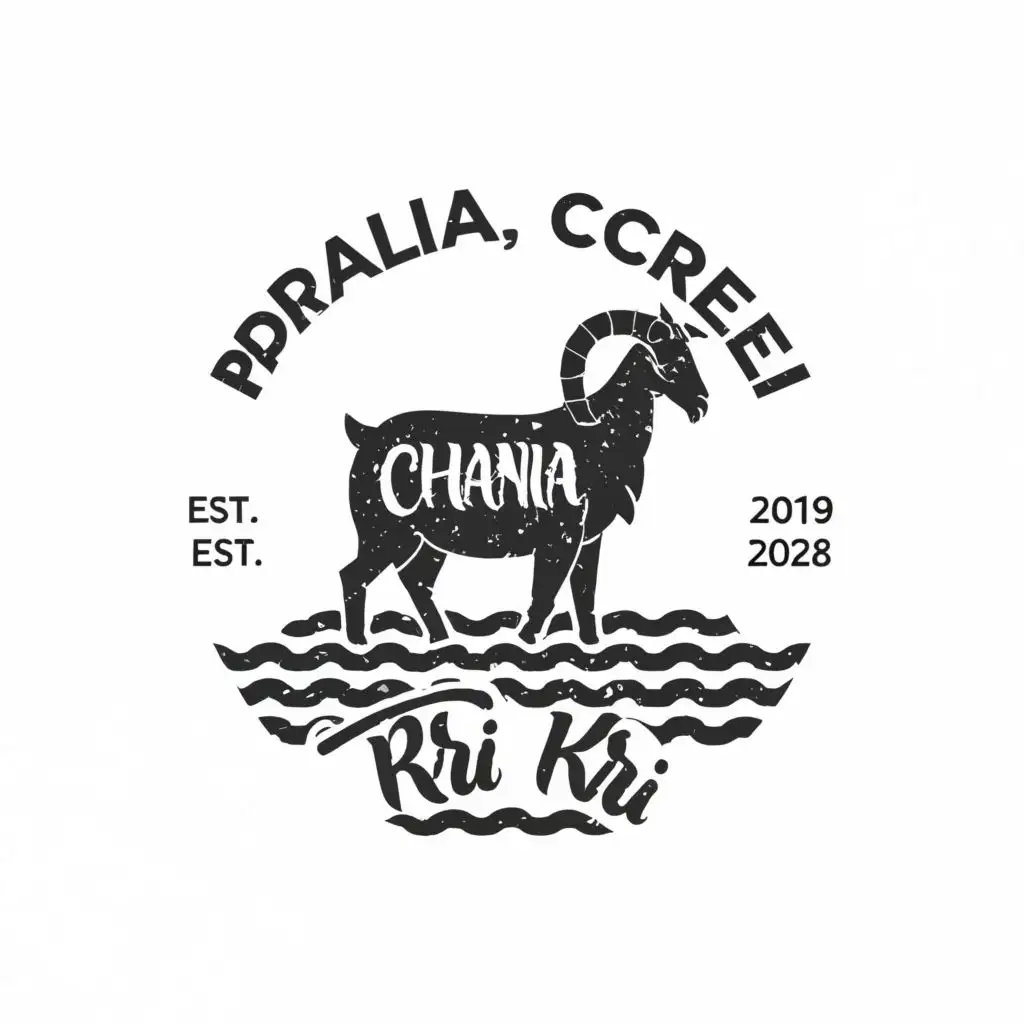 logo, Monochromatic logo of Greek mountain goat with text "Chania, crete" on it's skin standing on rocks overlooking the beach, with the text "paralia kri kri", typography, be used in Beauty Spa industry
