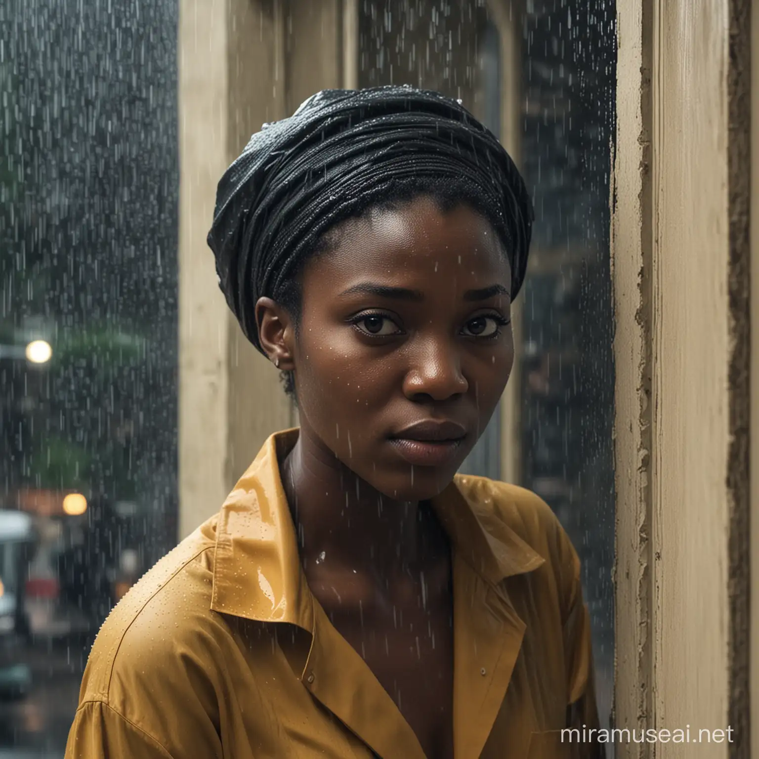 Describe a Nigerian as the protagonist's frantic efforts to close their windows during a heavy rainstorm, only to overhear a chilling conversation outside.