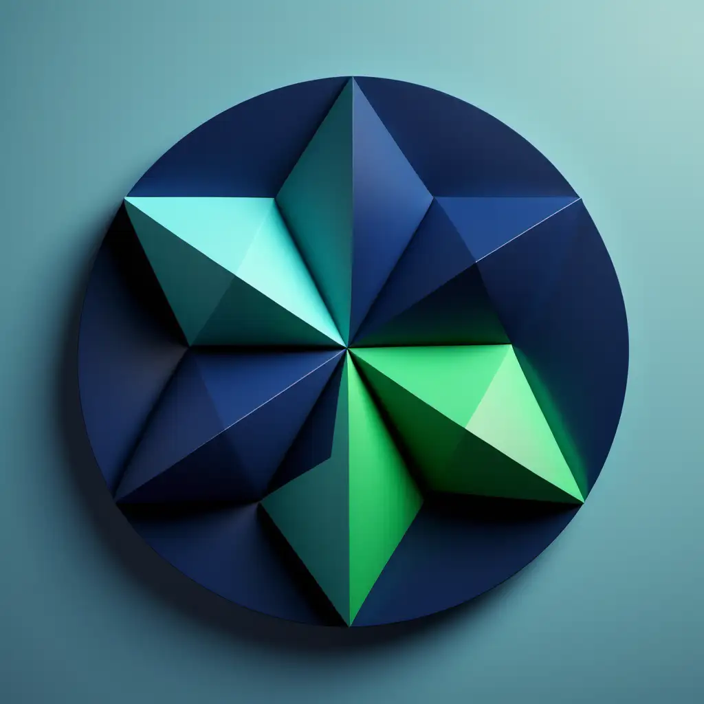 in a circle, create 3D abstract shapes, including squares, triangles, trapezoids. must be black, green , baby and blue dark blue