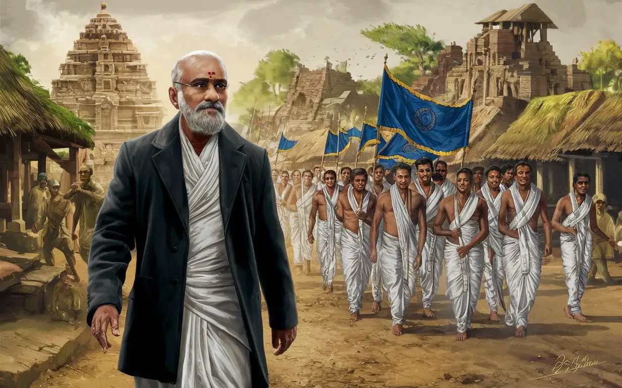 Generate a 15th century village in India, Dr Babasaheb Ambedkar in black coat suit and dhoti showcasing village life, with old temple and Indian people wearing and white dhoti color dress , walking steps and waving blue color flag