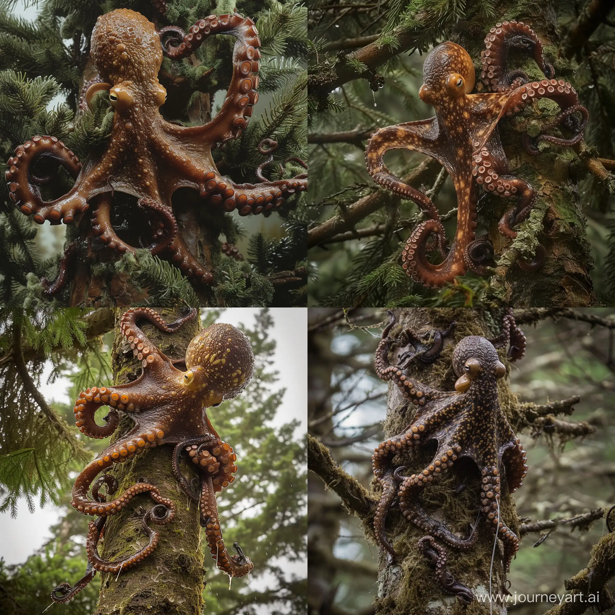 award winning wildlife photo of an wet mottled brown octopus scaling a large pine tree, grabbing branches with its tentacles, slime trail on the bark, temperate pine rainforest, daylight, telephoto lens, canon camera, wide shot, shot from below looking up, Frans Lanting, nature documentary