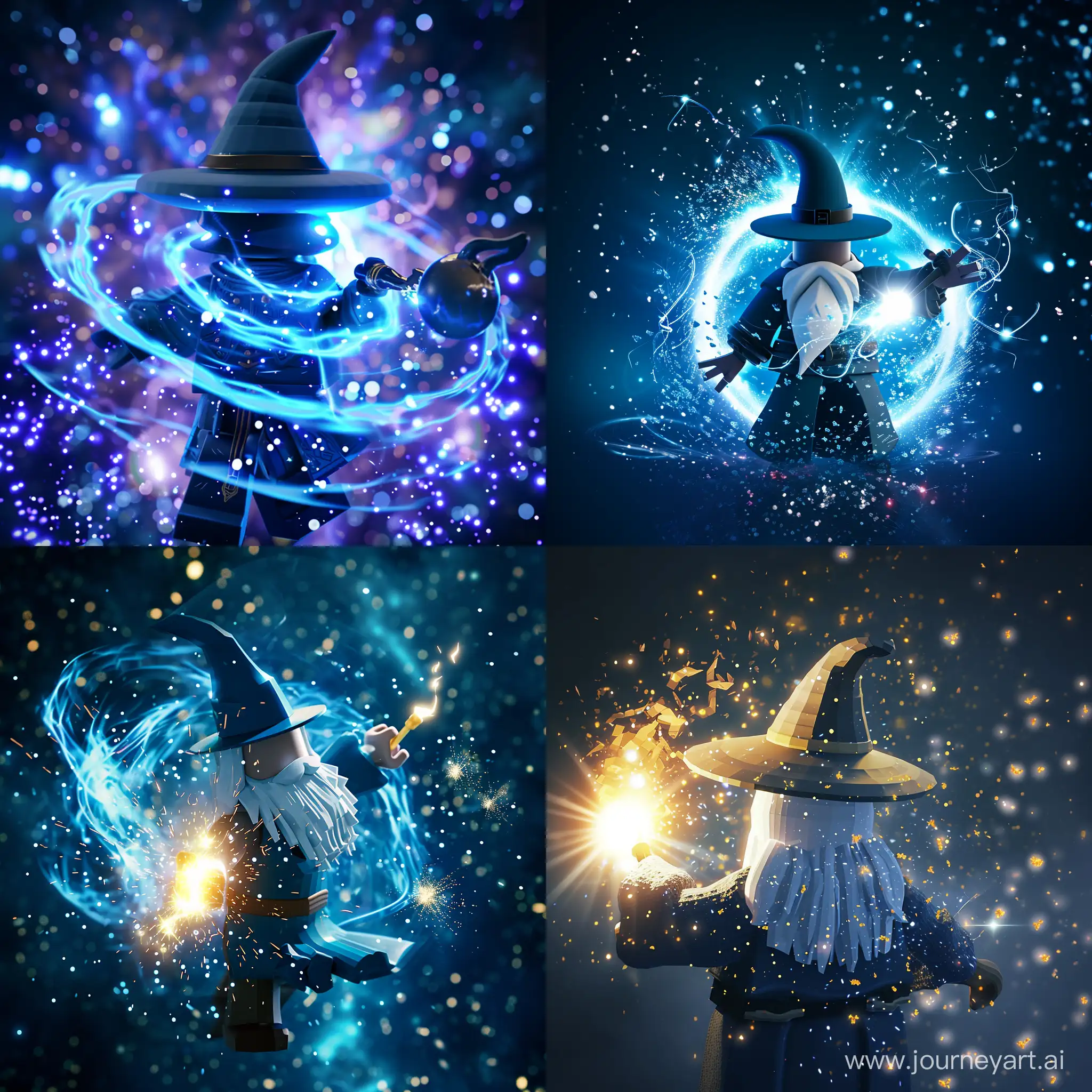 A wizard, whose only visible body is his torso, arms and head, holds a magic wand with spell particles around it in the center of the Roblox-Anime-style picture.