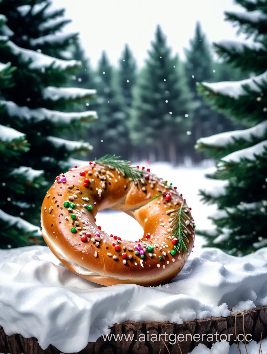 Festive-Bagel-Delight-in-Snowy-Forest-with-Christmas-Trees-and-Garlands