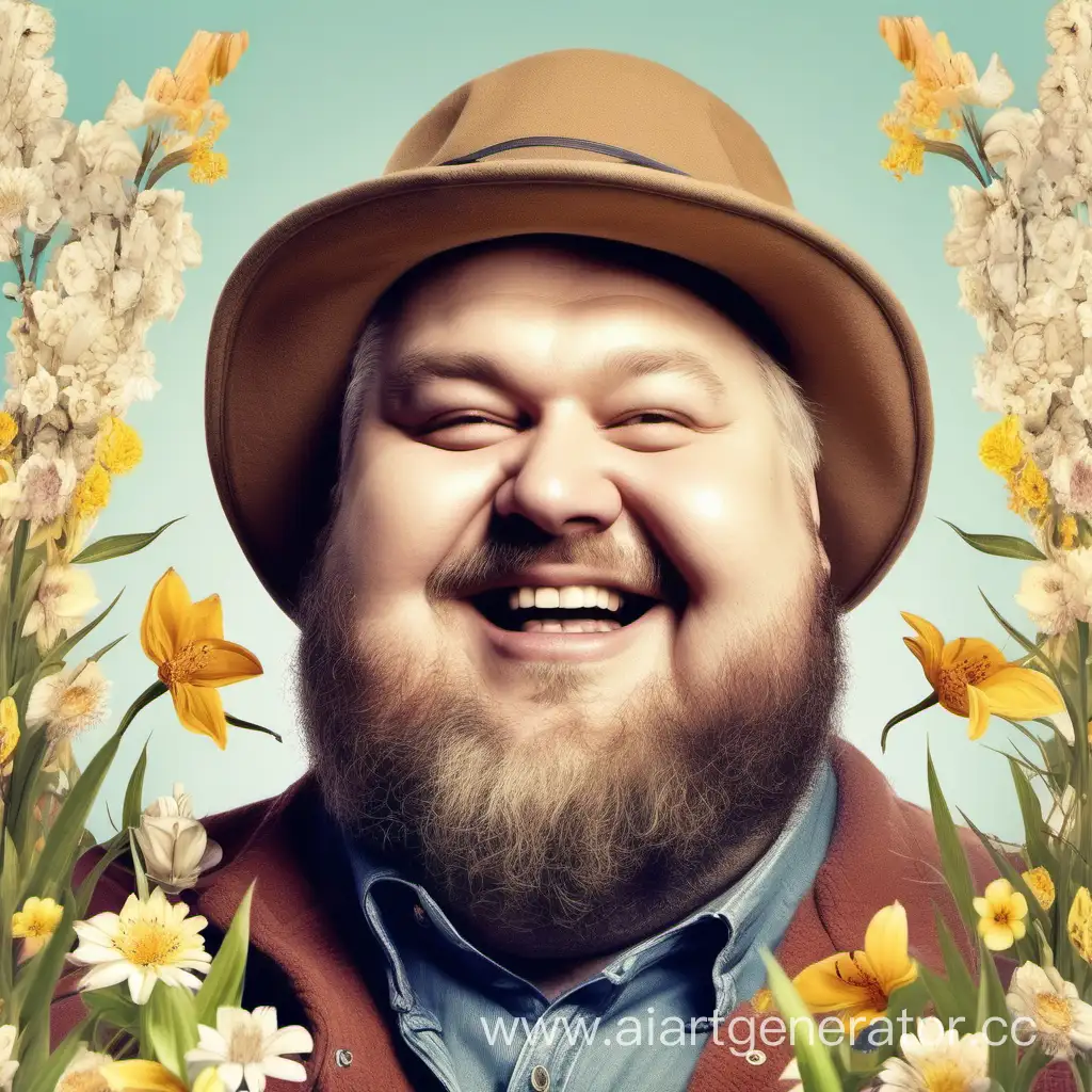 A cheerful fat bearded man in a hat with earflaps in spring in flowers