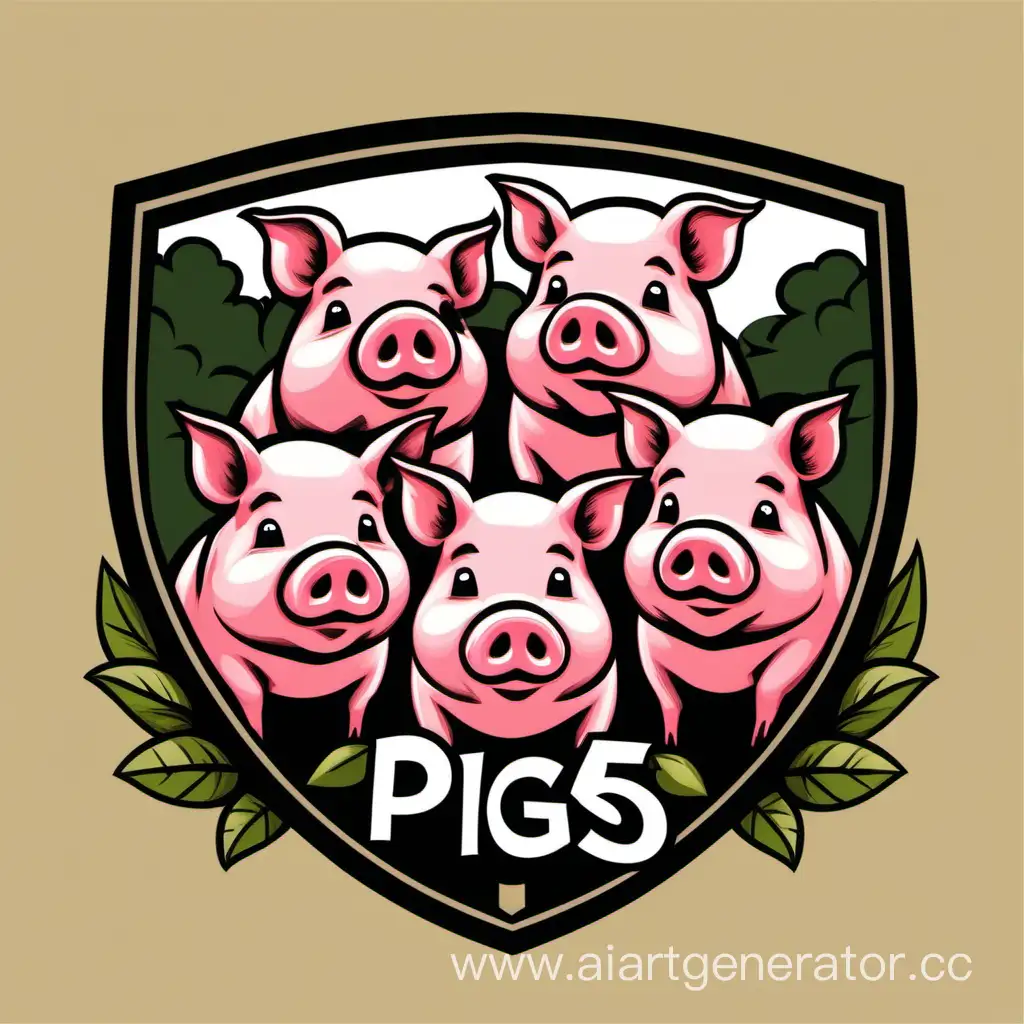 Generate an image featuring the logo of a team named "5pigs." The logo should depict five pigs, with one holding a wooden shield to protect another pig with a crossbow. A third pig should be hiding in the bushes and observing. The fourth pig should be sitting in the background, catching fish. 