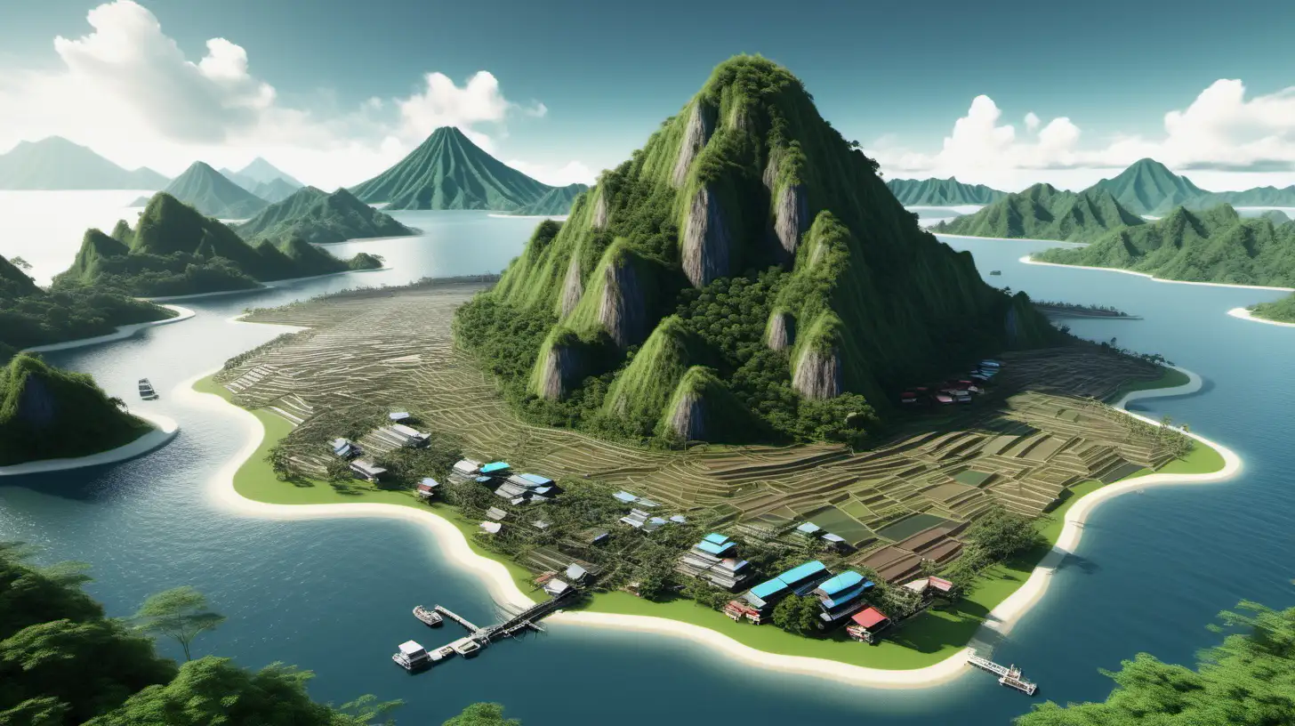 High resolution, realistic corner of a fantasy island with 3D rendering. Show 1/3 of Island 3; mountainous island based on japan or indonesia with lots of forest cover and one big mountain in the center. A few mountain islands in background. Focus on one side of the island showing rice fields, tea plantation, and bamboo forest. Next to major port. High level of infrastructure.