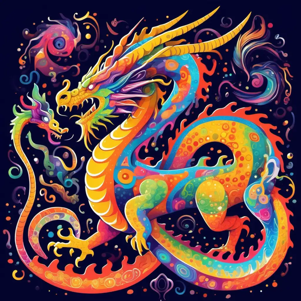 A dragon with bizarre and mesmerizing colorful shapes.