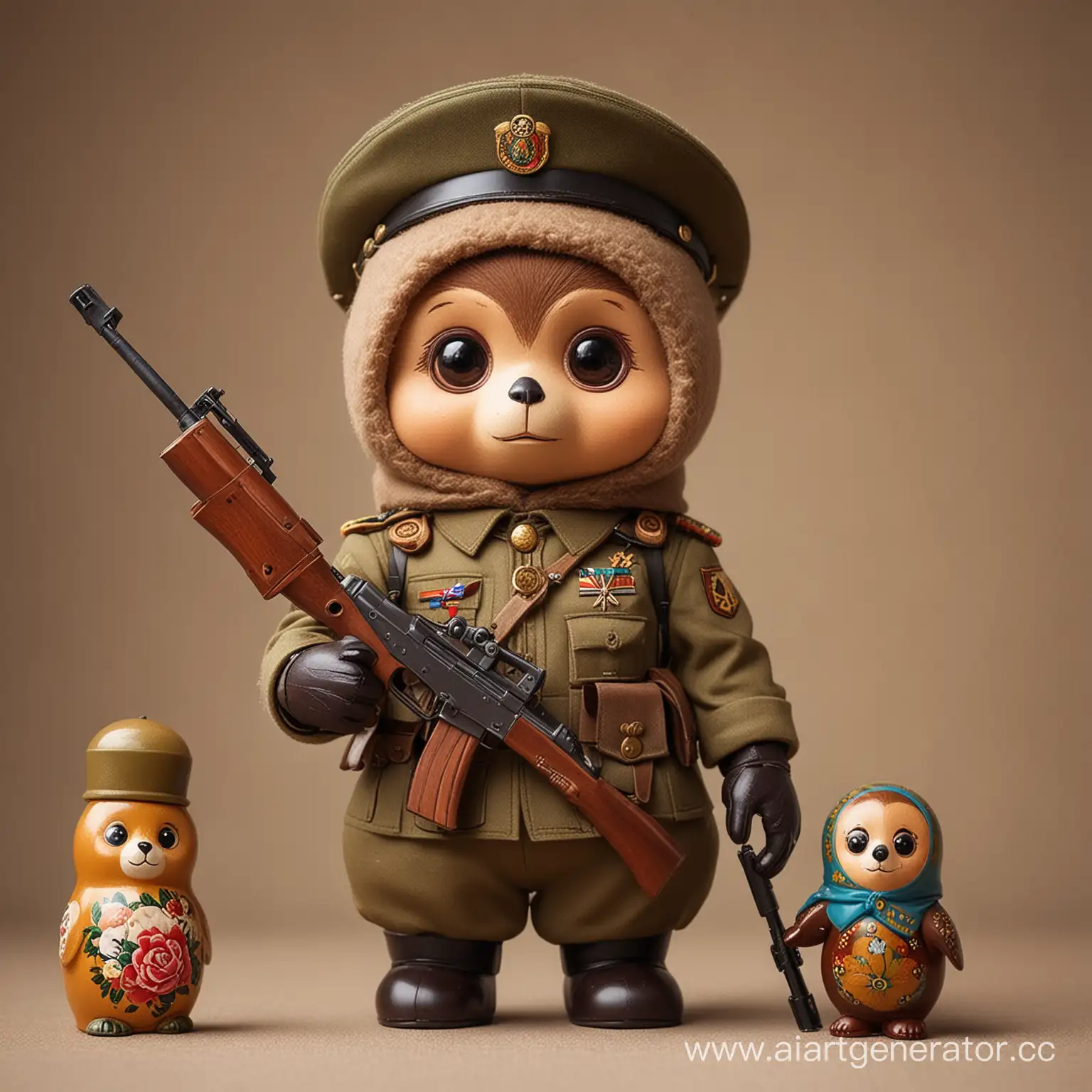 Cheburashka-with-Rifle-and-Matryoshka-Doll-in-Military-Uniform