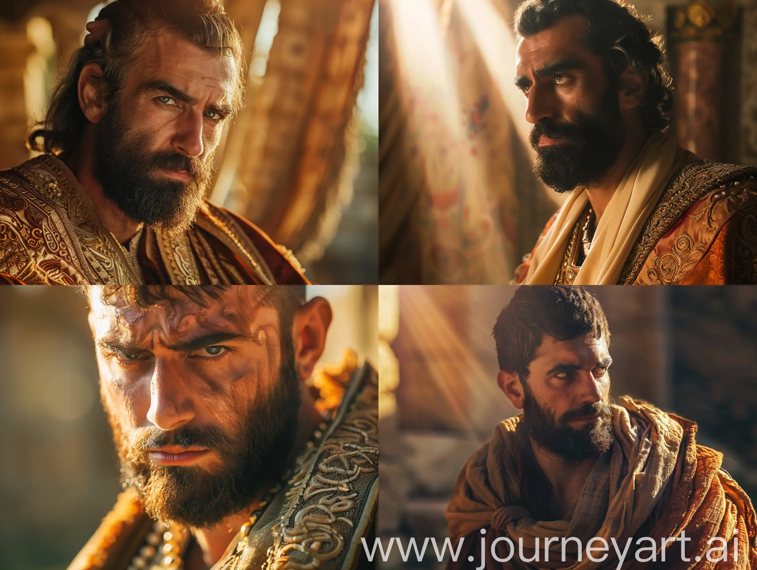 Thracian king, antique time, antique palace, warmth, portrait photo of the king, Mediterranean appearance, thoughtful, antique clothes, close-up, contoured sunlight, cinematic