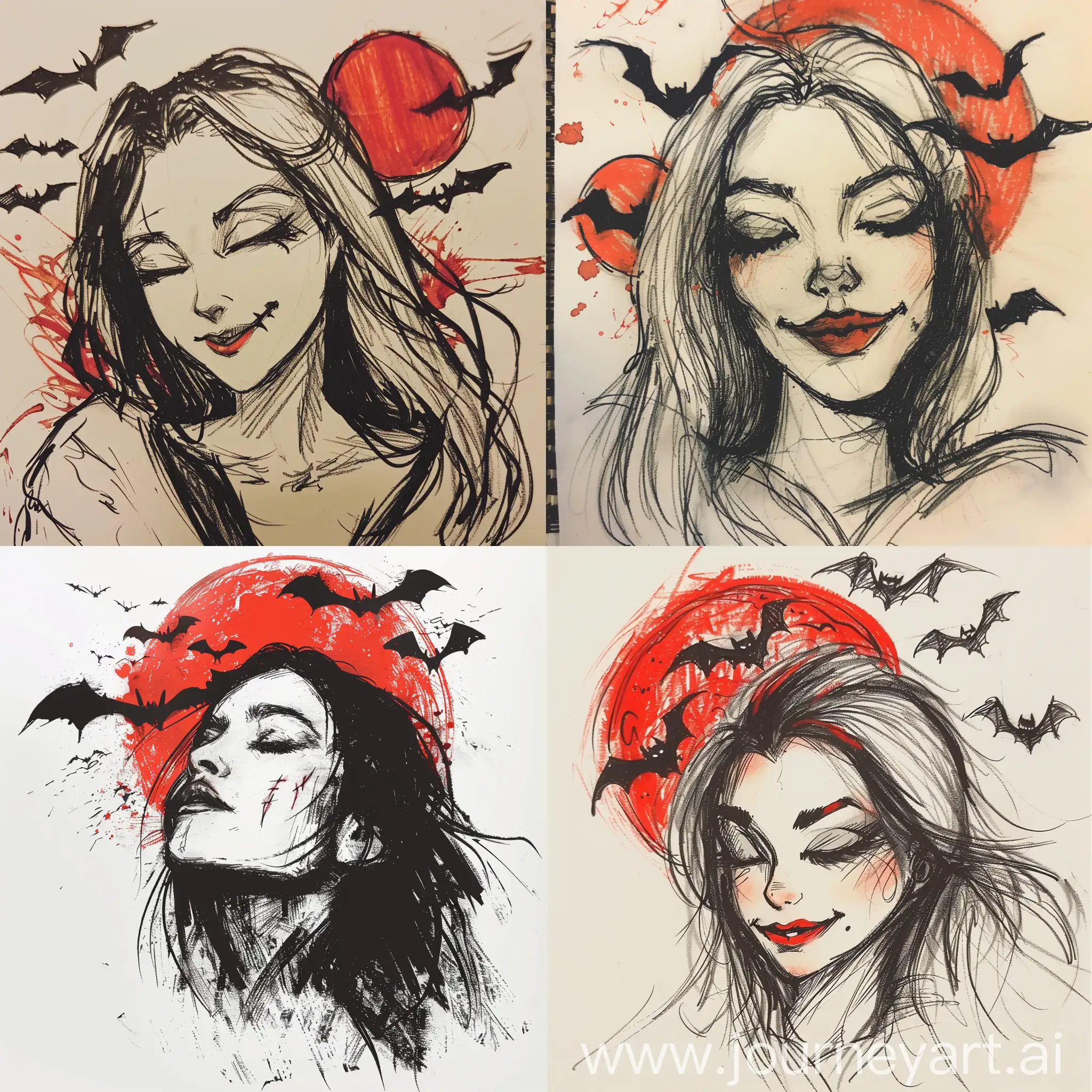 vampire lady wink sketch blood moon bats in background
