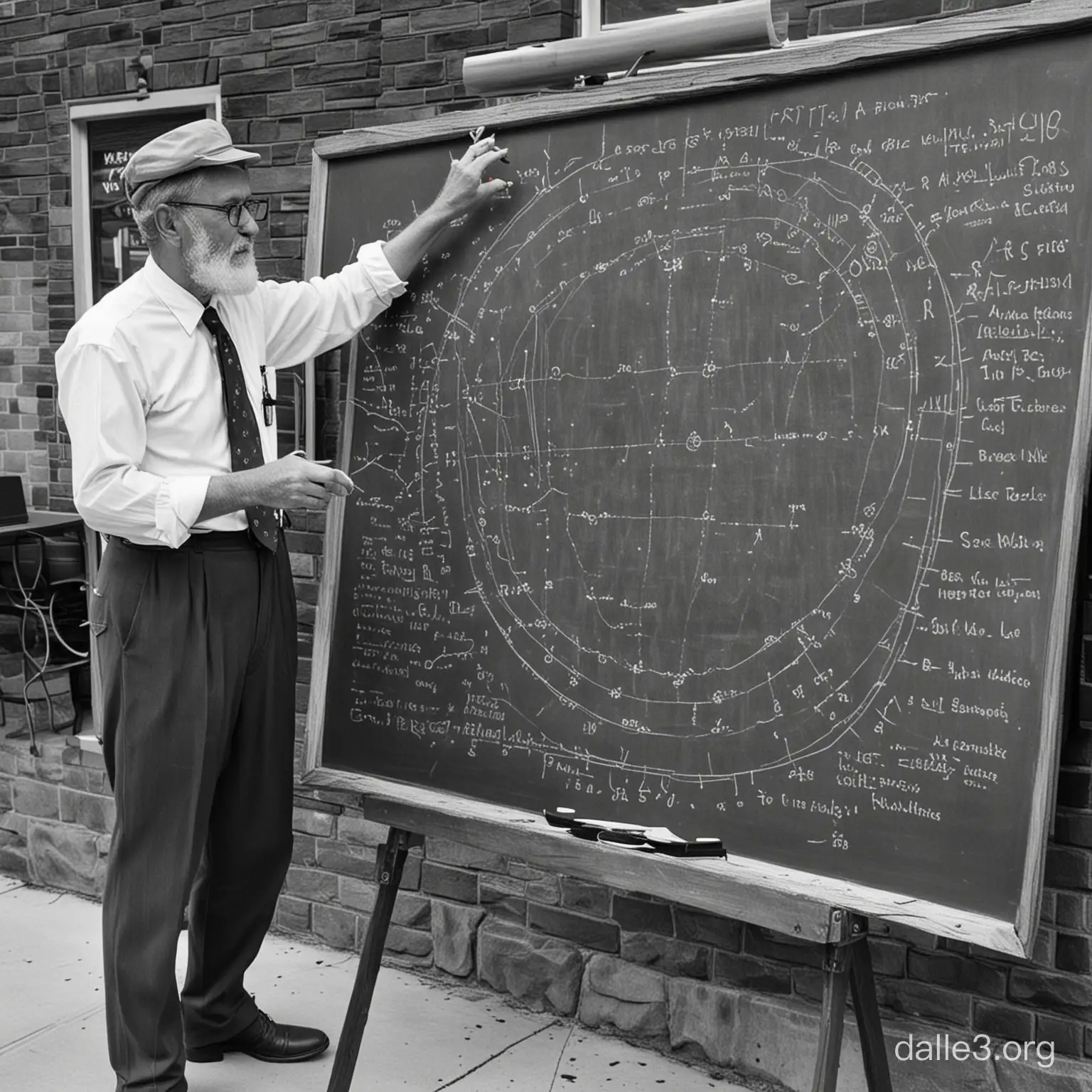 old-time professor at a chalkboard drawing a  schematic of total solar eclipse over austin texas