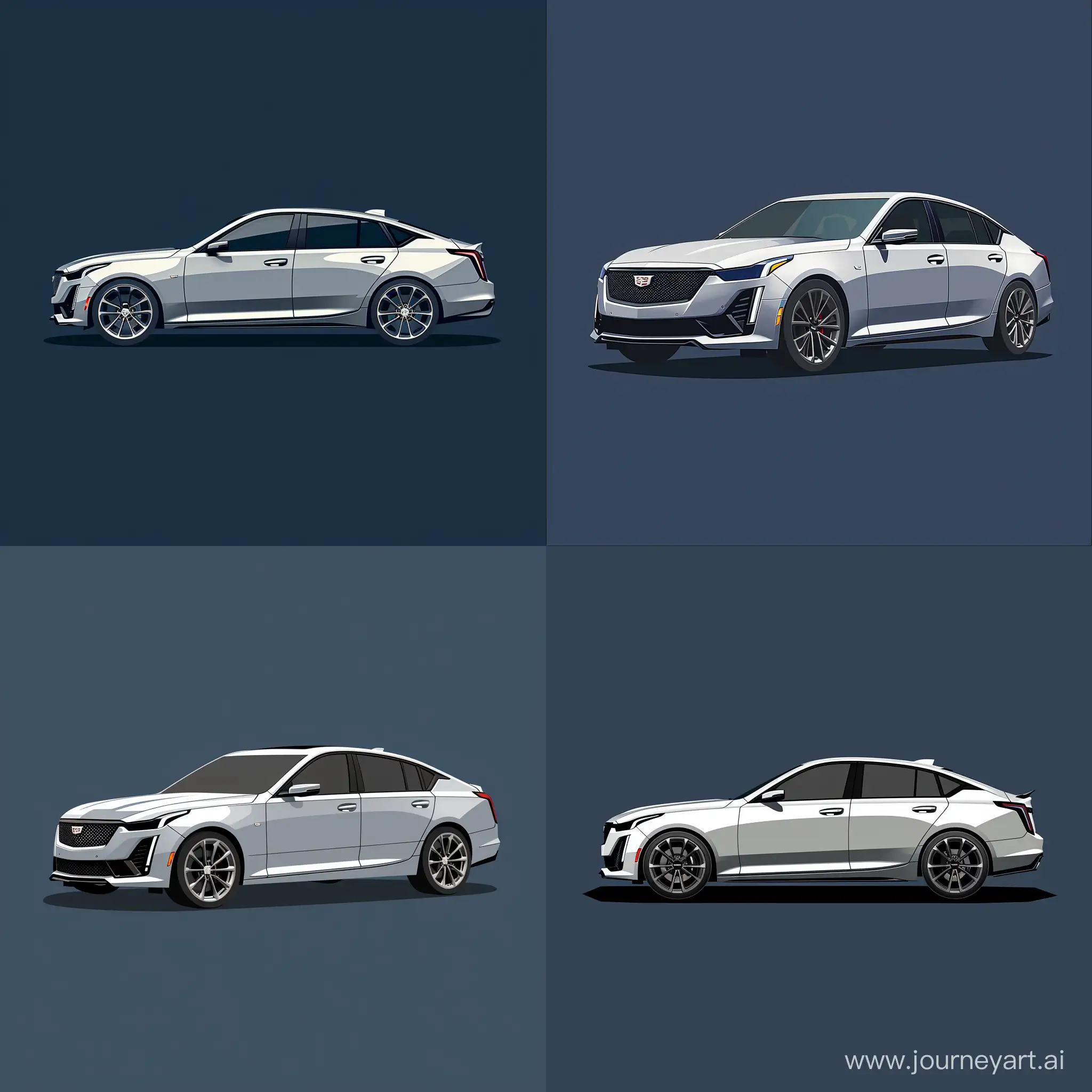 Minimalist 2D Car Illustration at 30° angle of: Silver Cadillac CT5, Simple Dark Blue Background, Adobe Illustrator Software, High Precision