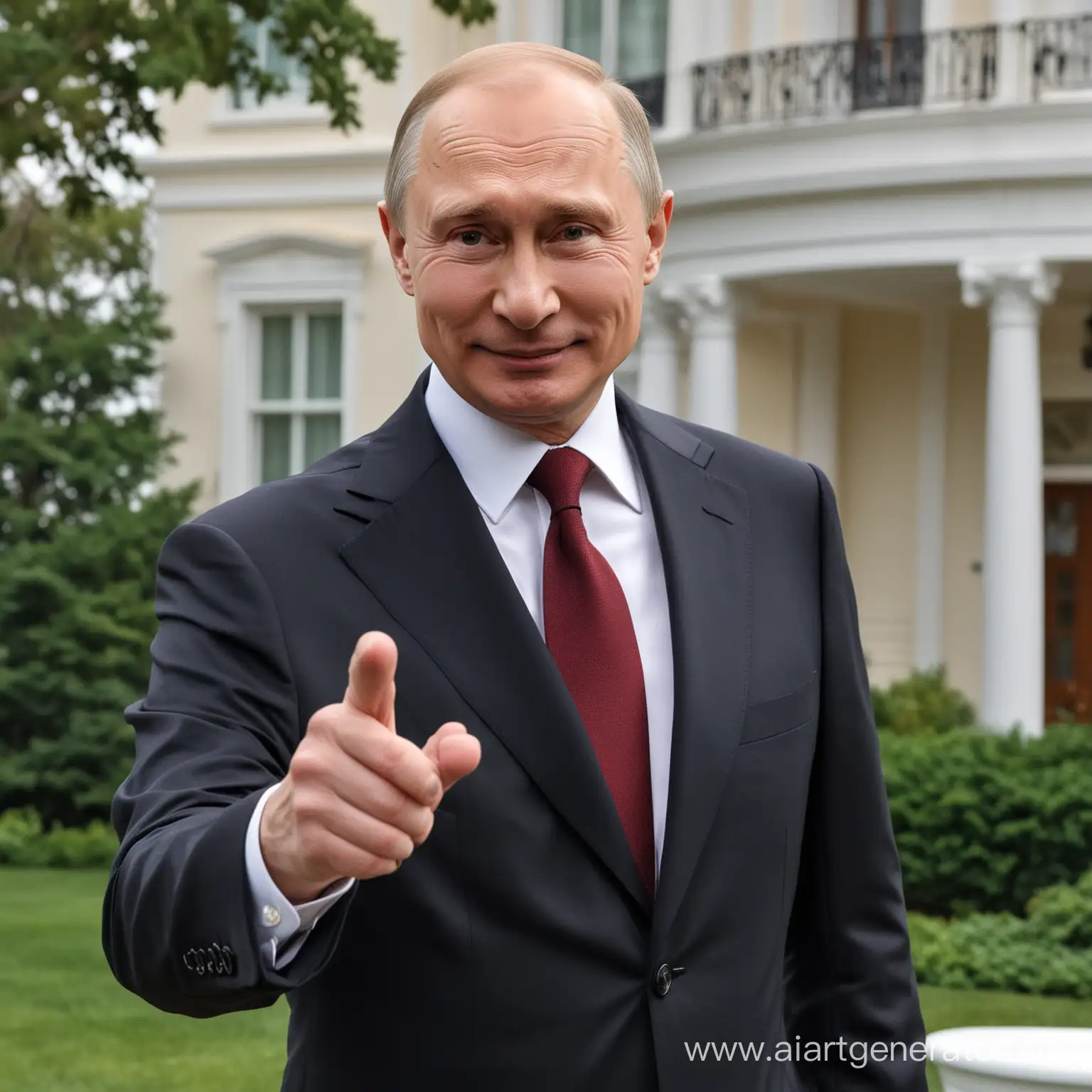 Путин, злобно улыбается, нажимает на красную кнопку, ракета летит на белый дом а Америке
