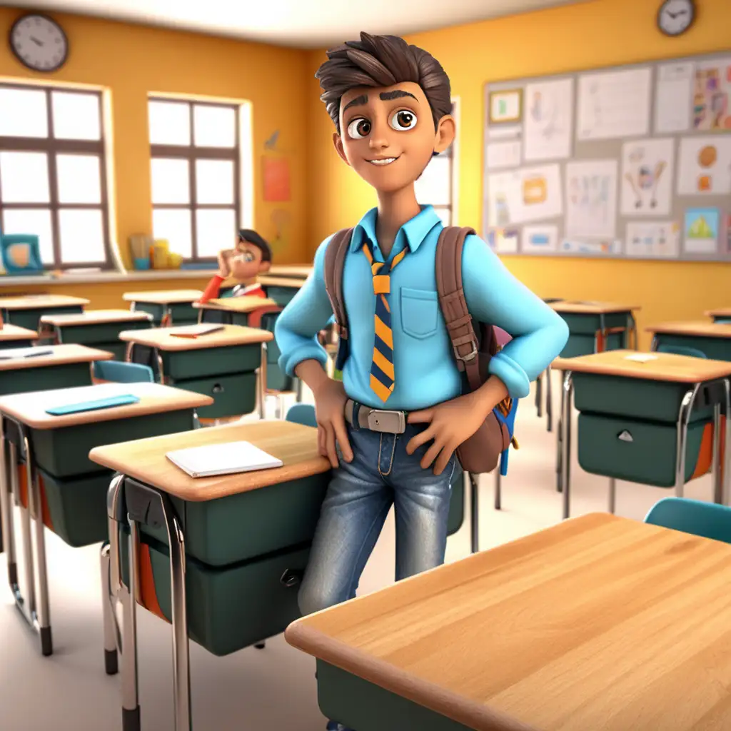 Create a 3D illustrator of an animated image of a guilty looking and good looking student standing in front of his desk in a classroom, students are sitting in their places. Beautiful and spirited background illustrations.