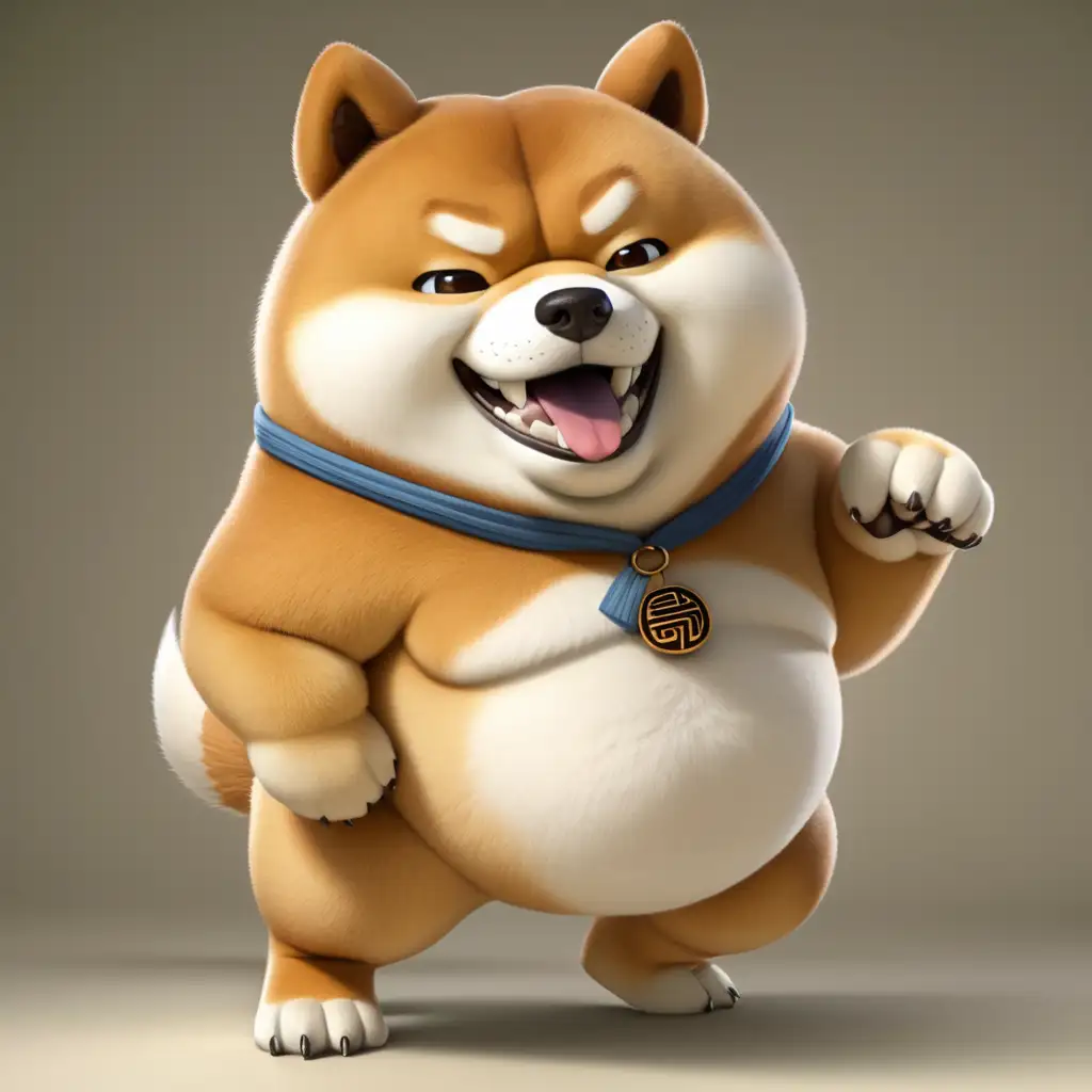 Can you give me a shiba Inu that stand on two feets like a human and is really fat and build like a bear with a big big belly - should look from the style like he plays in kung fu panda