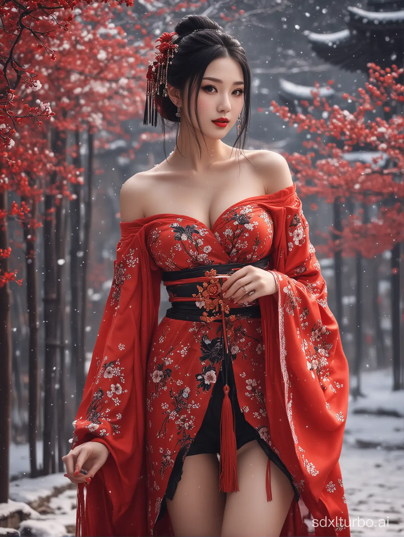 (1girl:2.5), best quality, materpiece, highres, beautiful details, snow, hair ornament, solo, sexy, flower, hair flower, candle, earrings, jewelry, black hair, black eyes, red lips, looking at viewer, tassel, depth of field, makeup, (red_clothes:1.3), Chinese clothes, floral print, medium breasts, off-the-shoulder, (standing:1.3), high forks, fairy thigh, long legs, bare feet