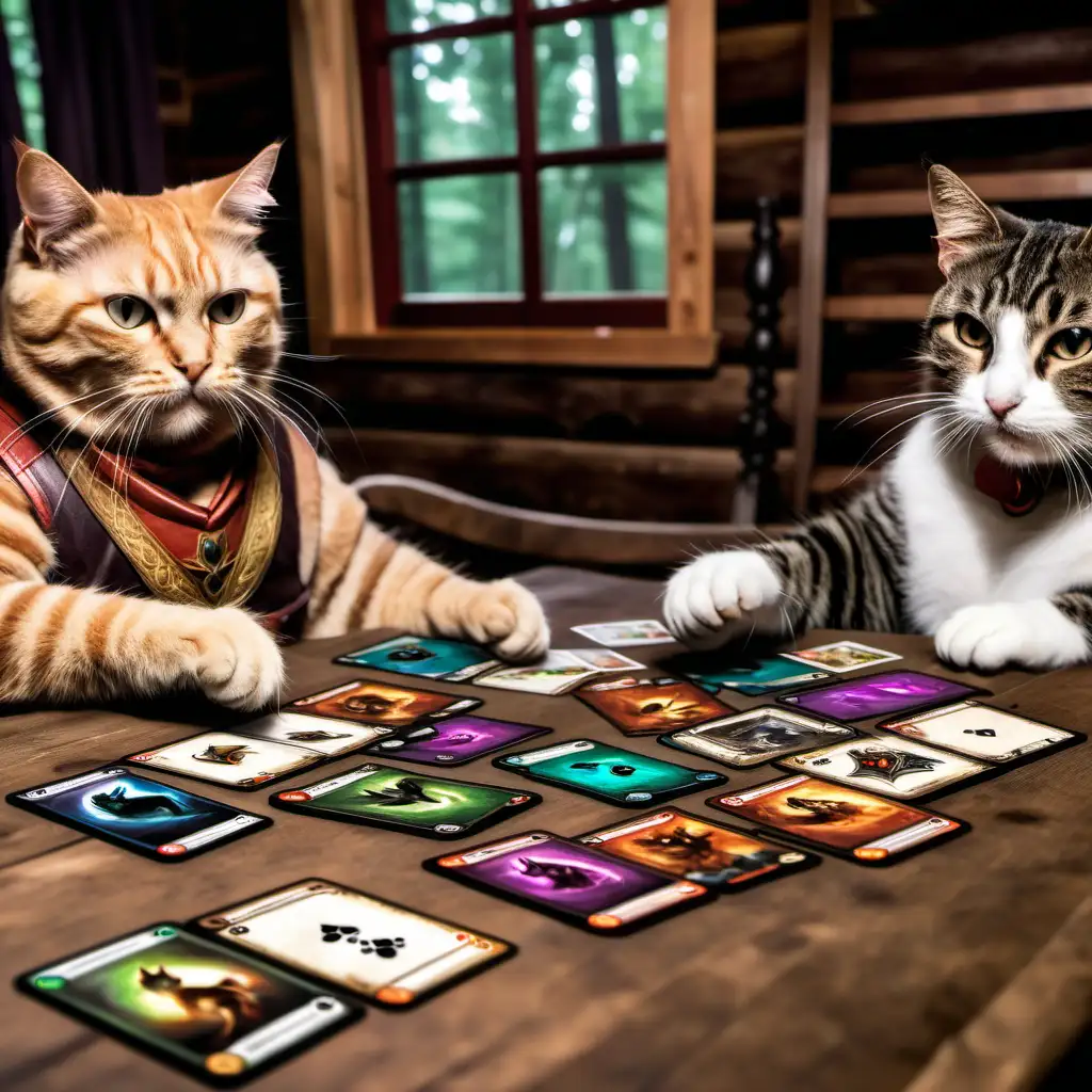 magic the gathering being played by cats at a cabin
