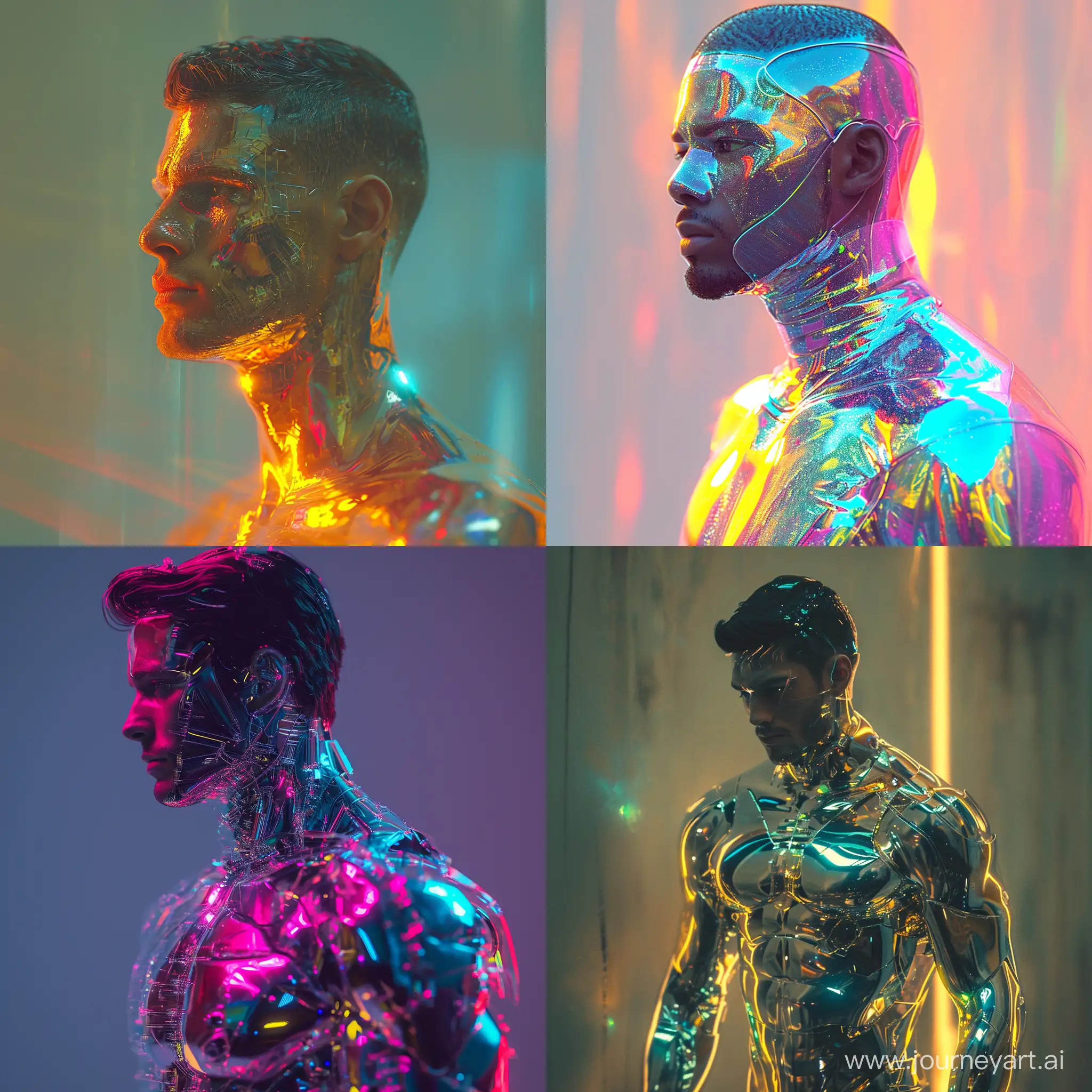 acid design, Hologramme beautiful man, body made of glass, laser, vintage, y2k aesthetics, futuristic, simple background, acid gradient color, liquid metal, interesting composition, best lighting, best picture quality ,intricate fine details ,uhd,64k, --style raw --v 6 --stylize 250 --s 250