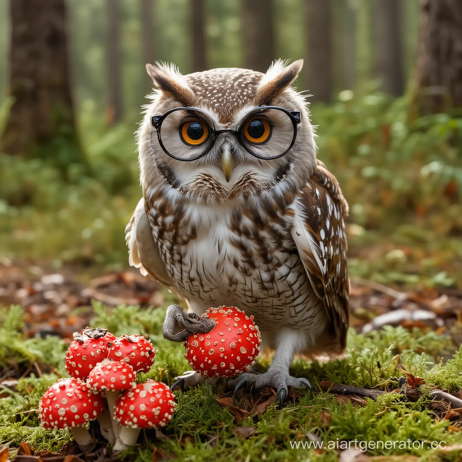 Intelligent-Owl-Enjoying-a-Meal-of-Fly-Agaric-Mushrooms