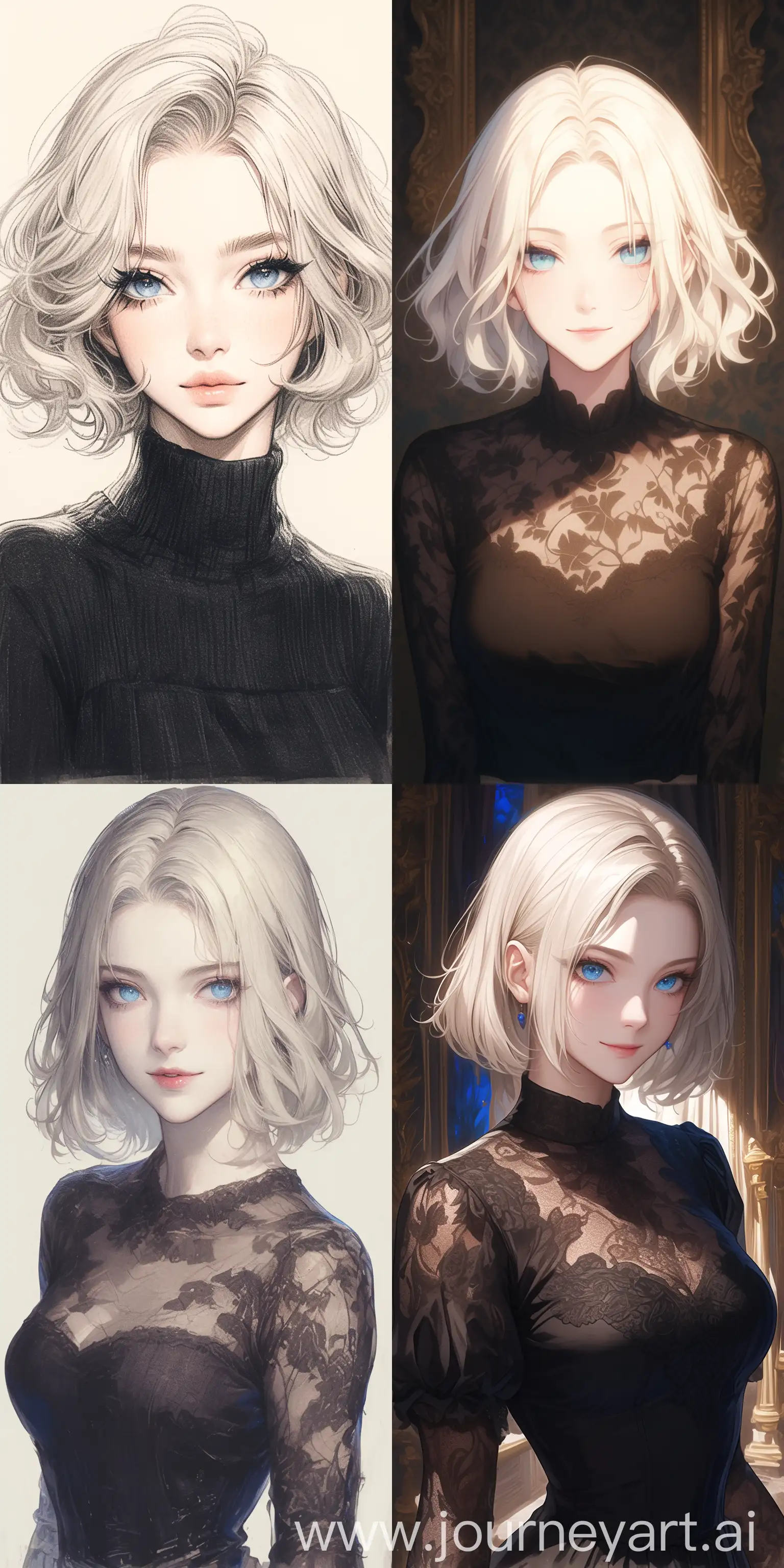 in the style of gothcore, drawing of a beautiful blonde girl, dark fantasy drawing, eyes of blue, gentle smile with closed lips, I can't believe how beautiful this is, short and dark blonde hair, princesscore, --ar 1:2 --stylize 750 --niji 6