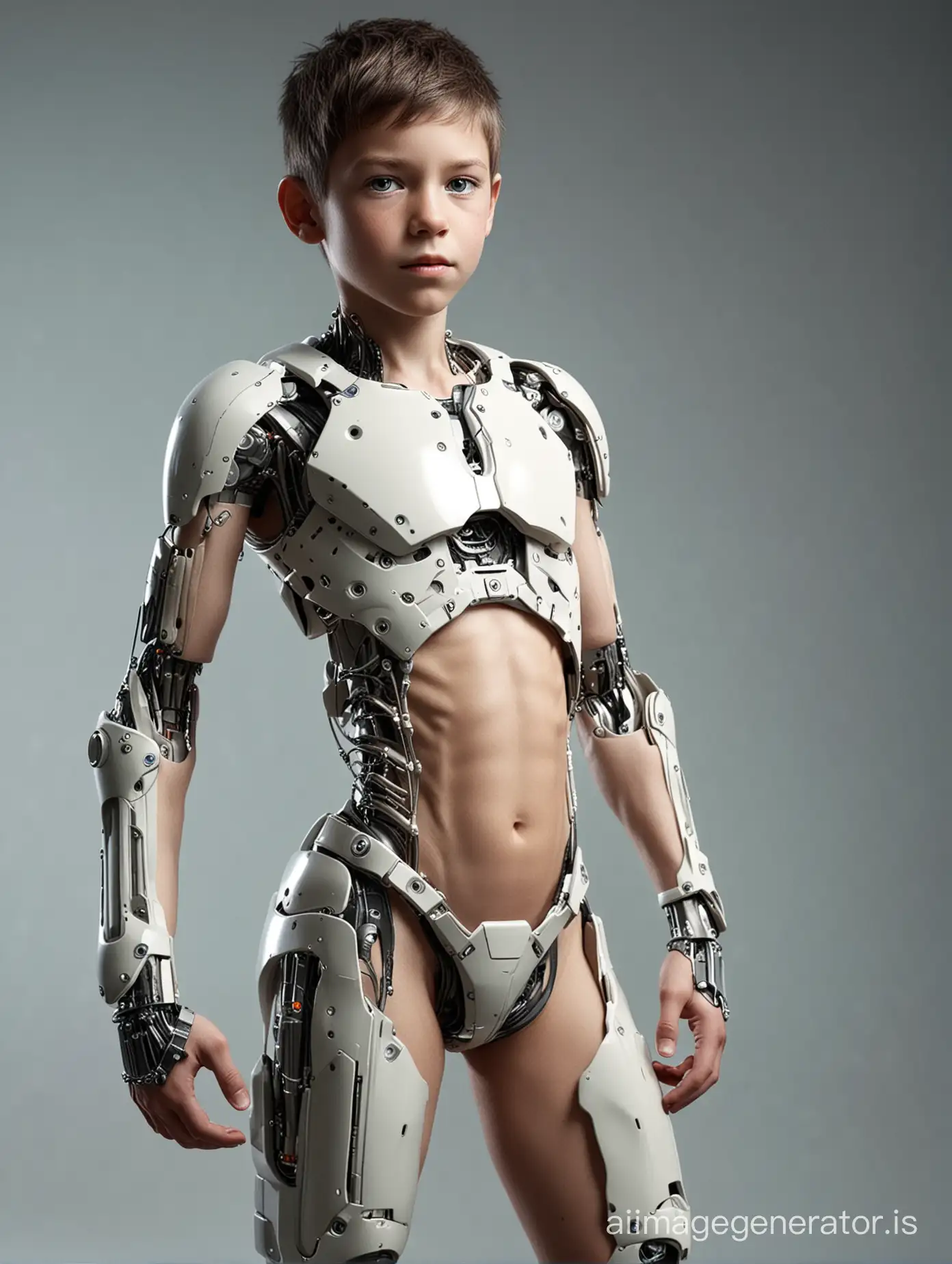 A sci-fi cyborg boy. full body.
Half a boy, half a machine. The boy is in a spaceship. Without clothes.
His body has metallic spare parts in some places. Fair skin, implants. The left arm is still human. Also his left leg.
His upper body only partially mechanical,
Show the boy as a whole in a long shot.
An implant over the eye and ear. The face is half a machine.