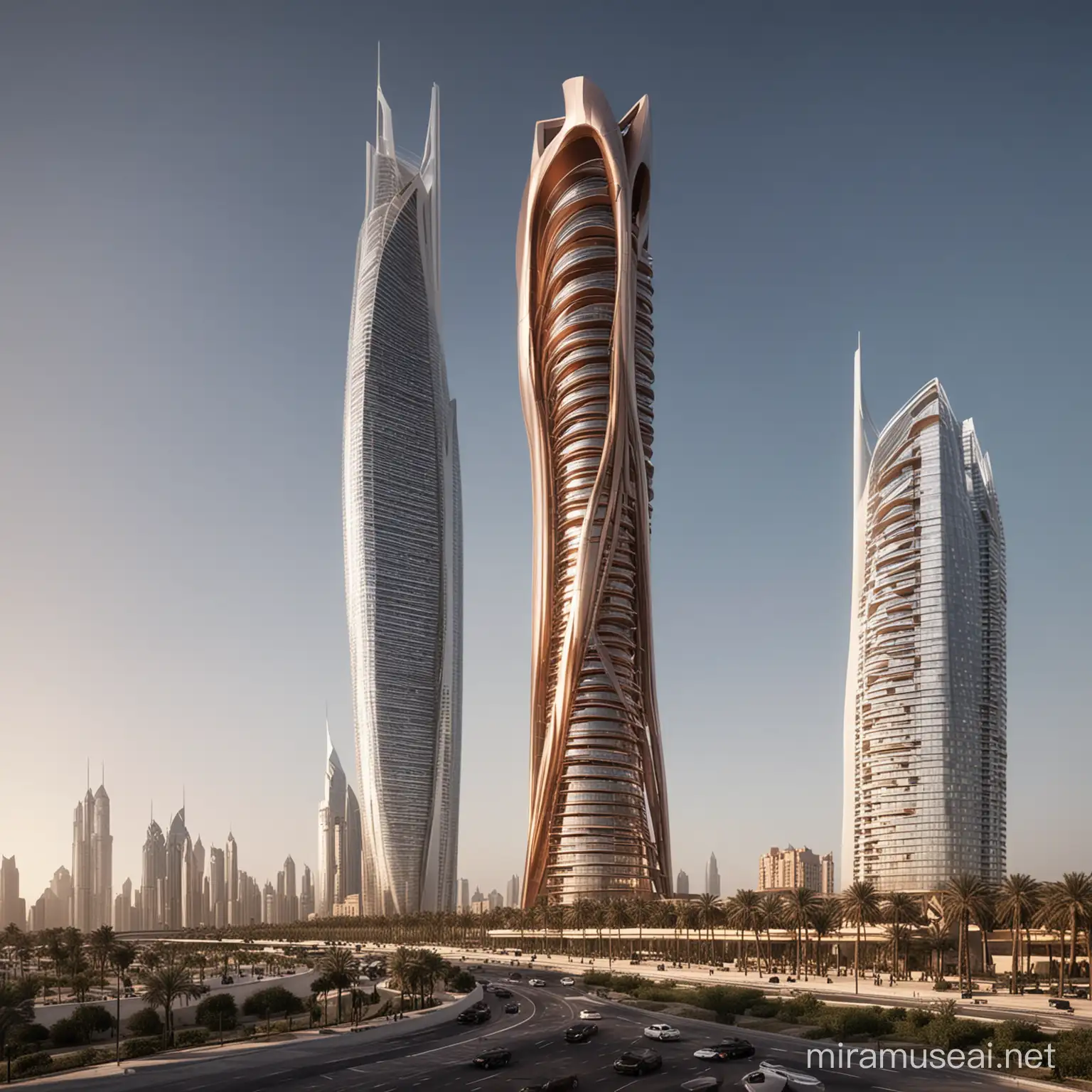 tower,zaha hadid,copper,tall,dubai,curve,luxe